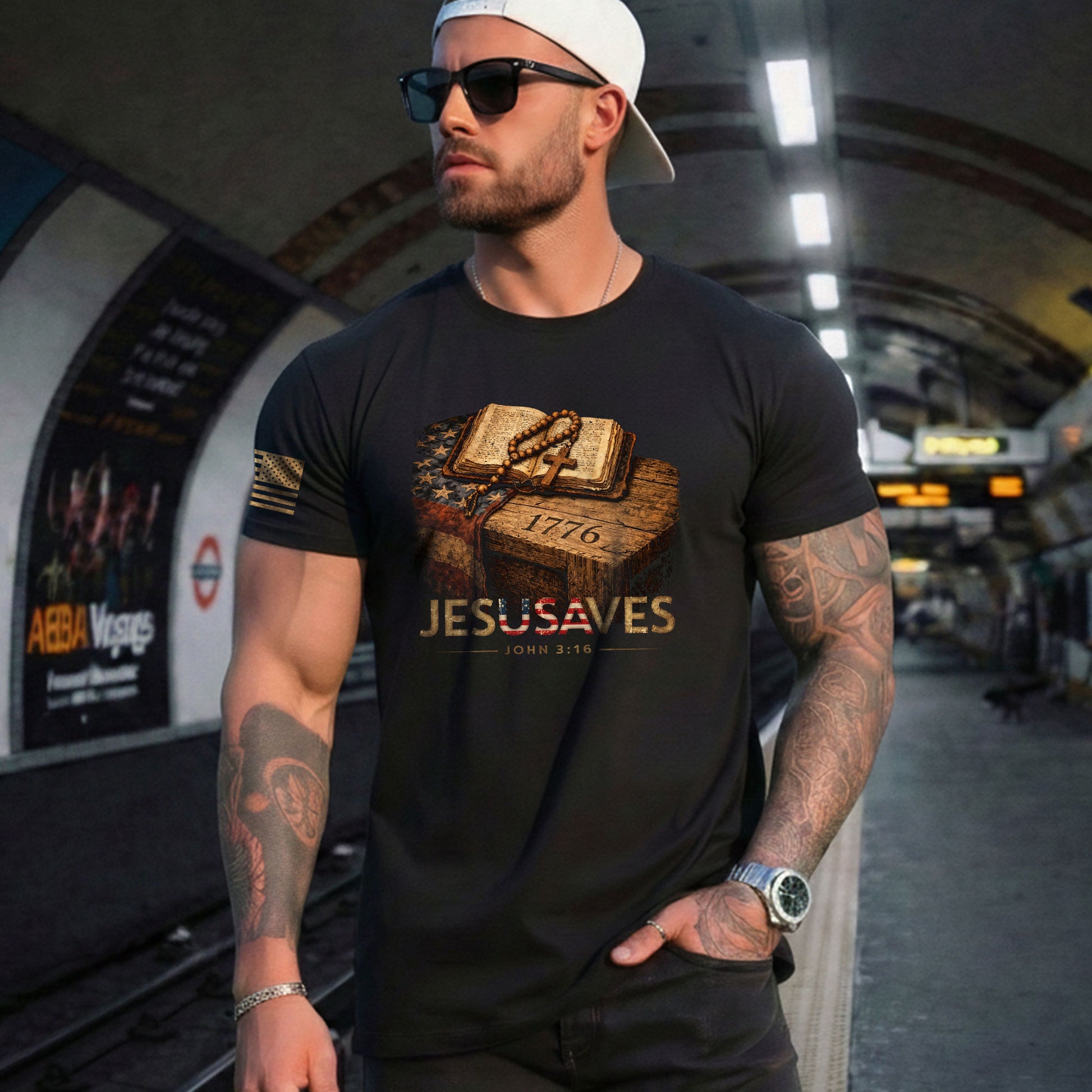 JESUSAVES 1776 Patriotic T-Shirt - Vintage American Flag Graphic Tee - Casual Apparel - Rust Field Wear