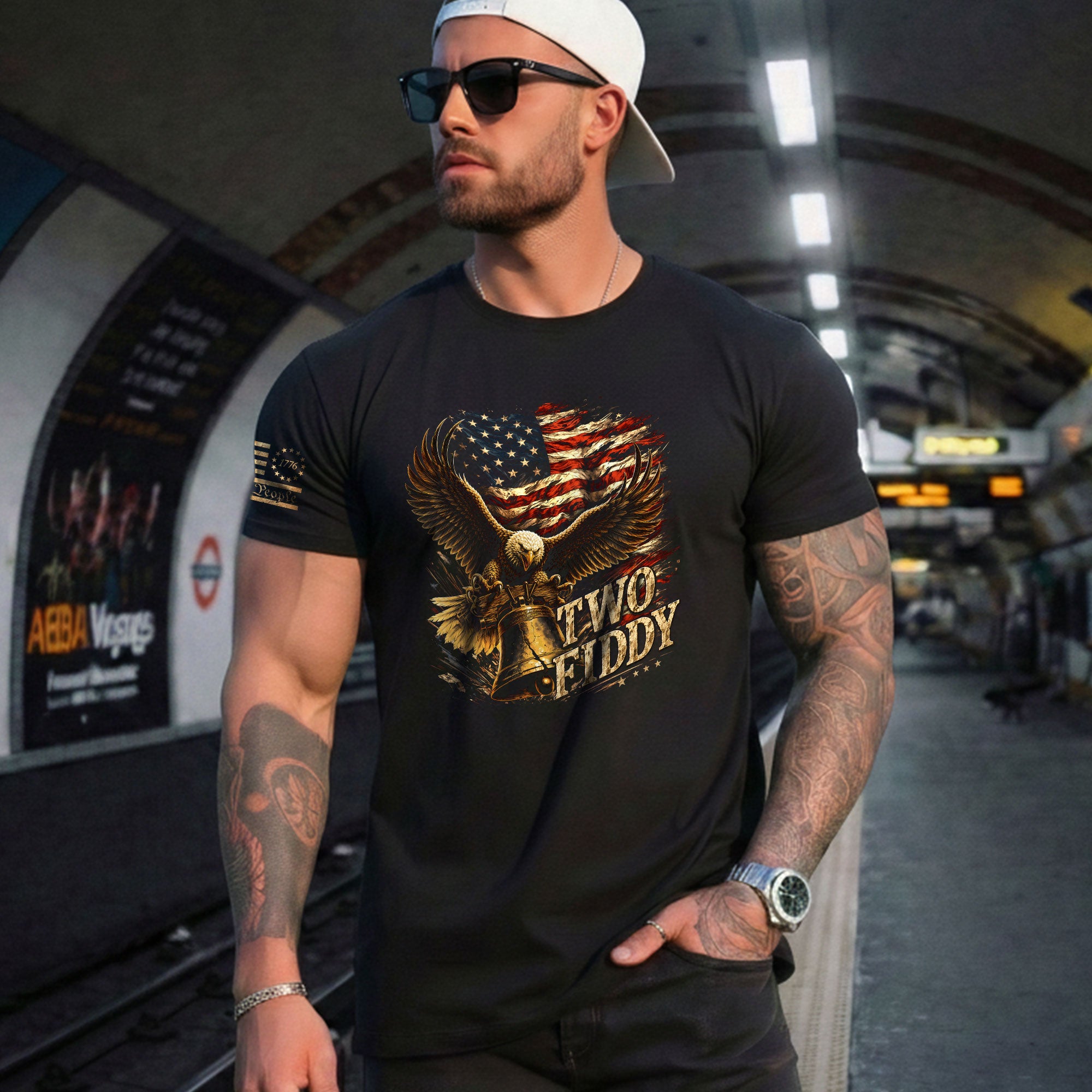 Iconic Patriotic Shirt - Two Fiddy Eagle Liberty Bell American Flag Graphic Design - Rust Field Wear