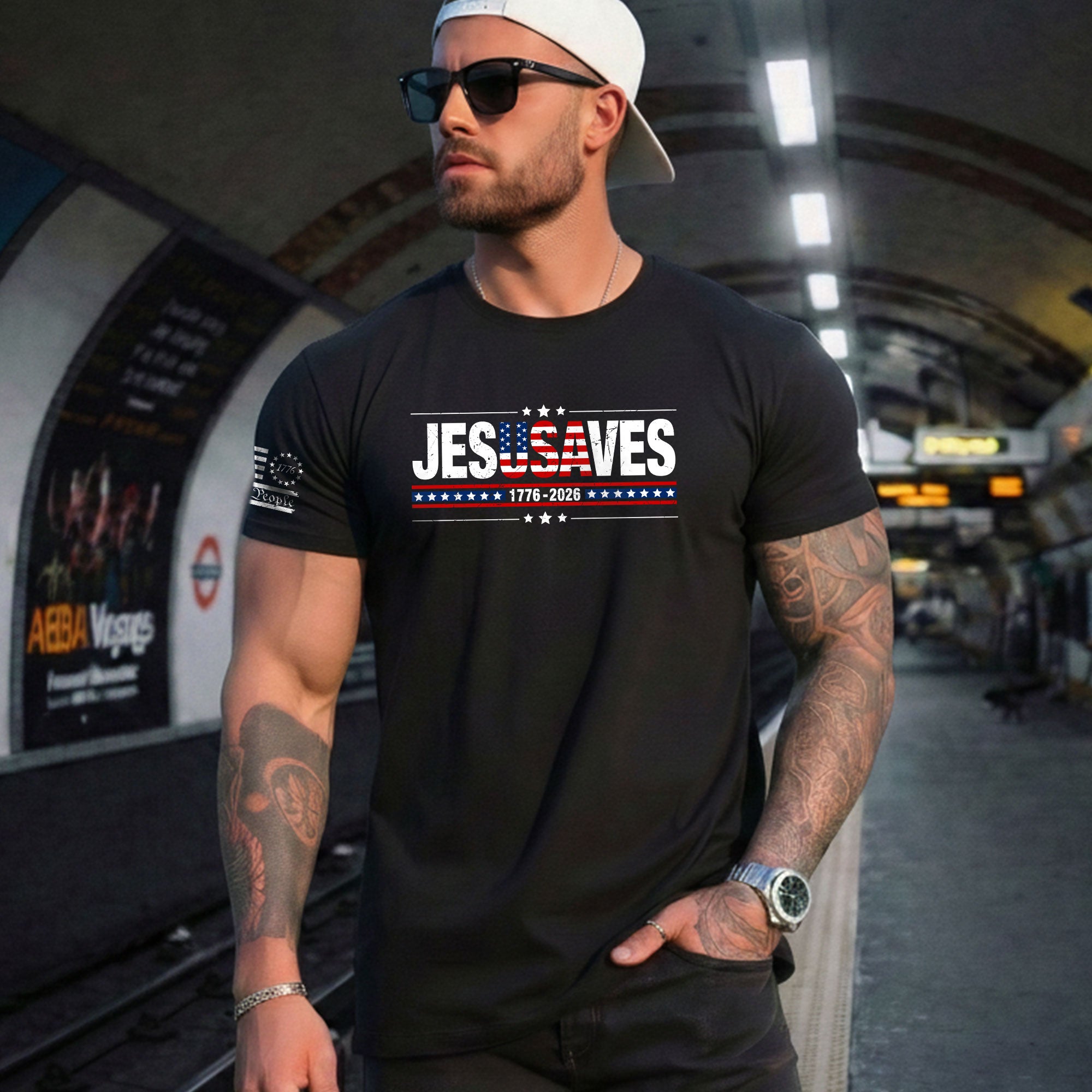 JESUSAVES T-Shirt USA Flag Patriotic 1776 2026 We The People Men Cotton Tee Shirt - Rust Field Wear