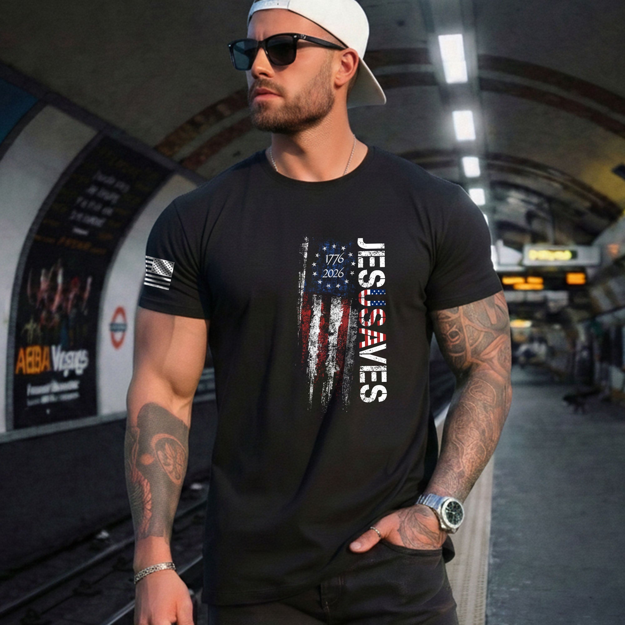 JESUSAVES T-Shirt USA Flag Patriotic 1776 2026 Betsy Ross Men Cotton Tee Shirt - Rust Field Wear