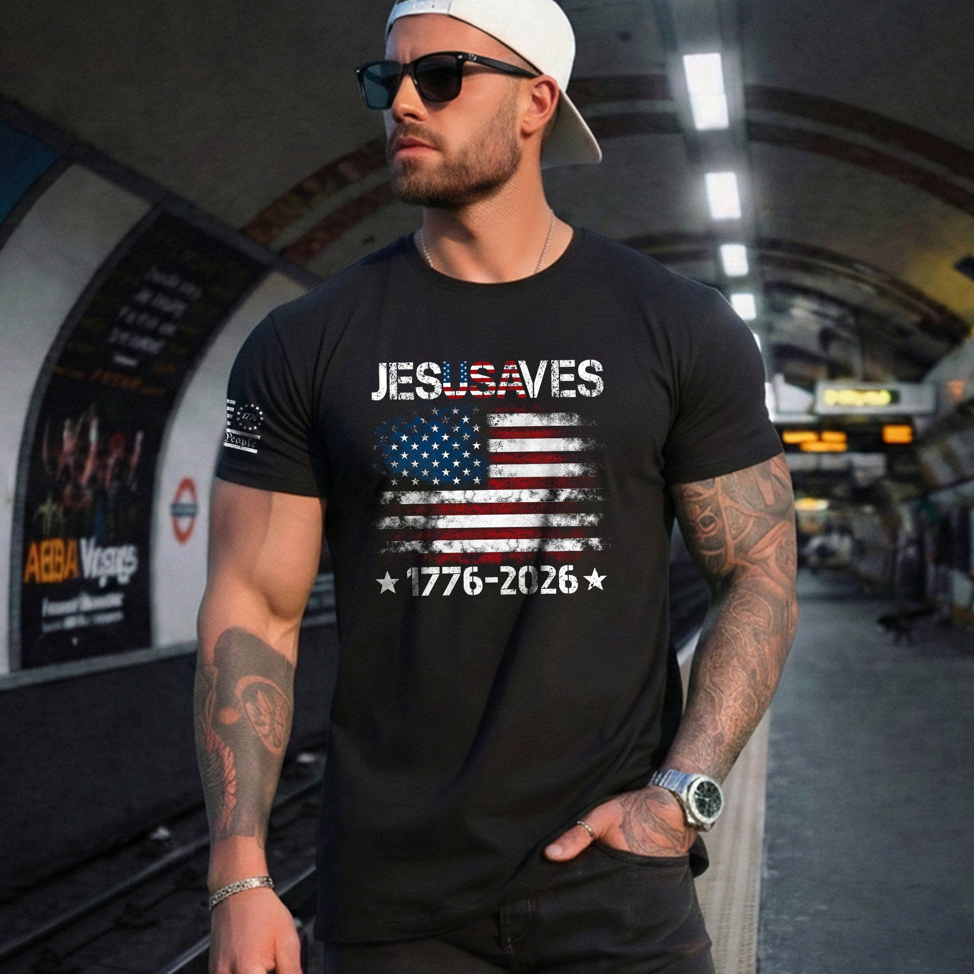 Patriotic JESUSAVES USA Flag Shirt Men 1776 2026 We The People Christian Cotton Tee - Rust Field Wear