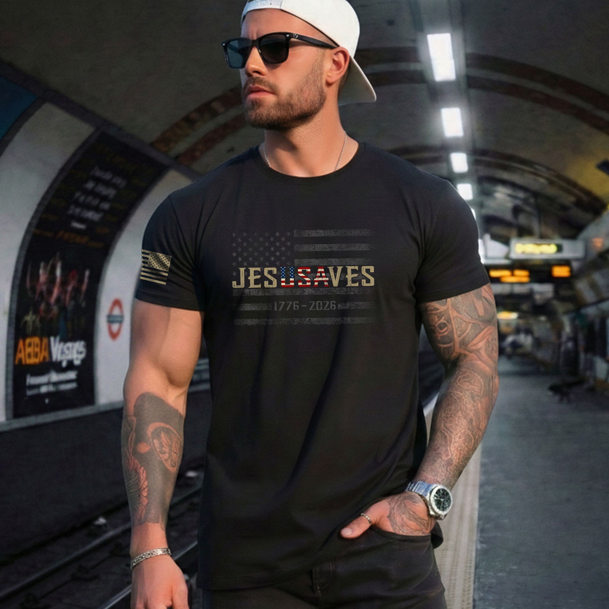 JESUSAVES T-Shirt USA Flag Patriotic 1776 2026 American Pride Men Cotton Tee Shirt - Rust Field Wear