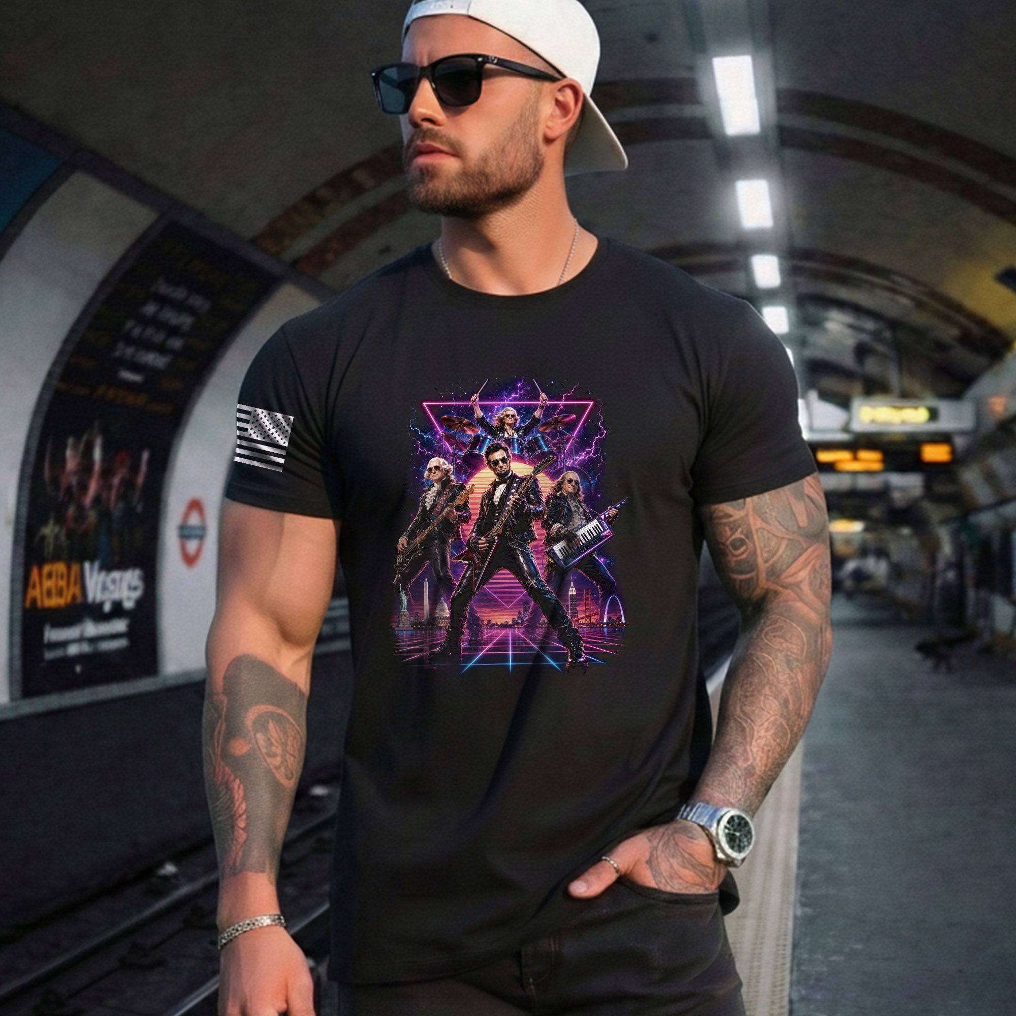 Retro Lincoln Guitar Player T-Shirt Neon Synthwave Rock Band Graphic Tee Gift - Rust Field Wear