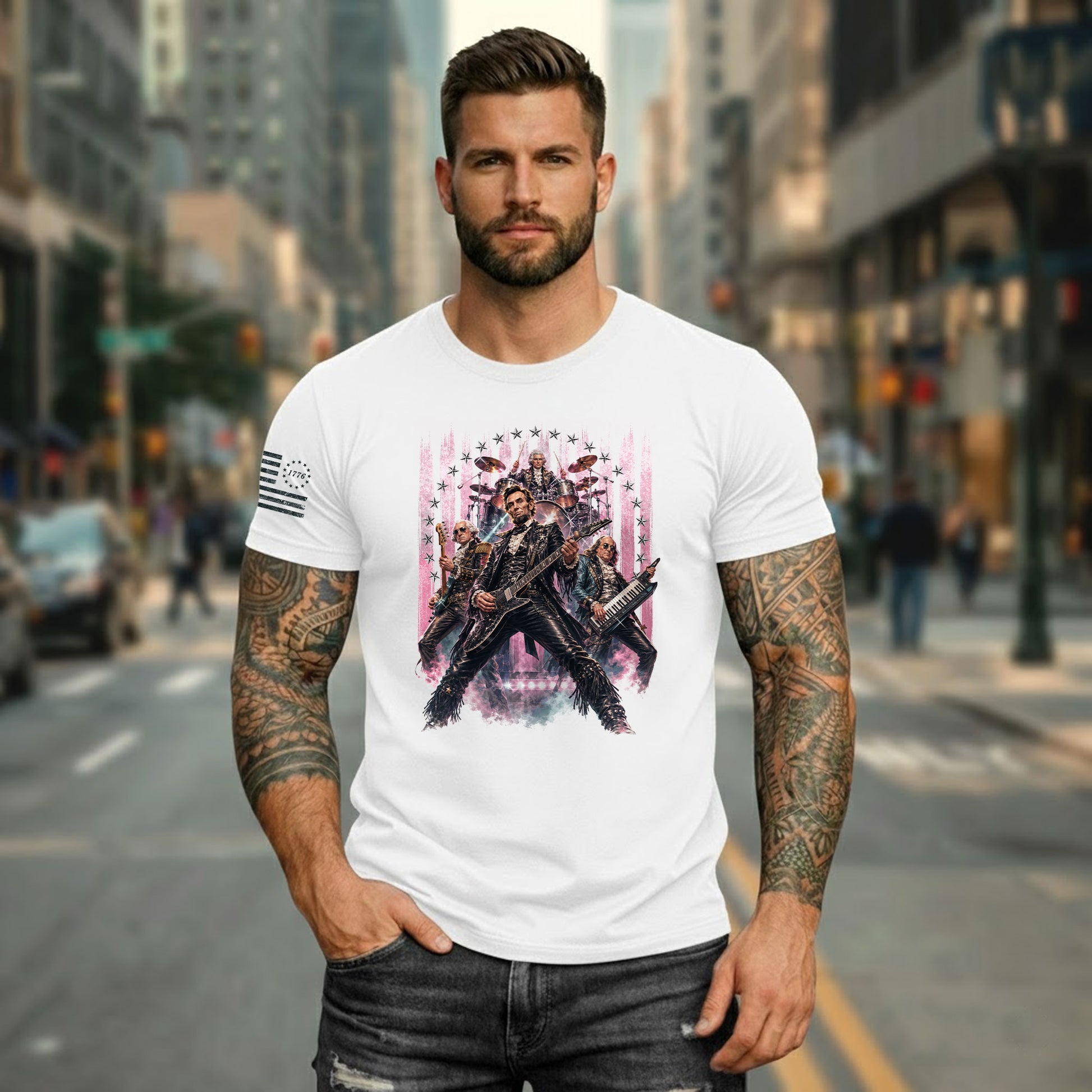 Vintage Patriotic Rock Band T-Shirt - Abraham Lincoln Guitar Graphic Apparel Tee - Rust Field Wear