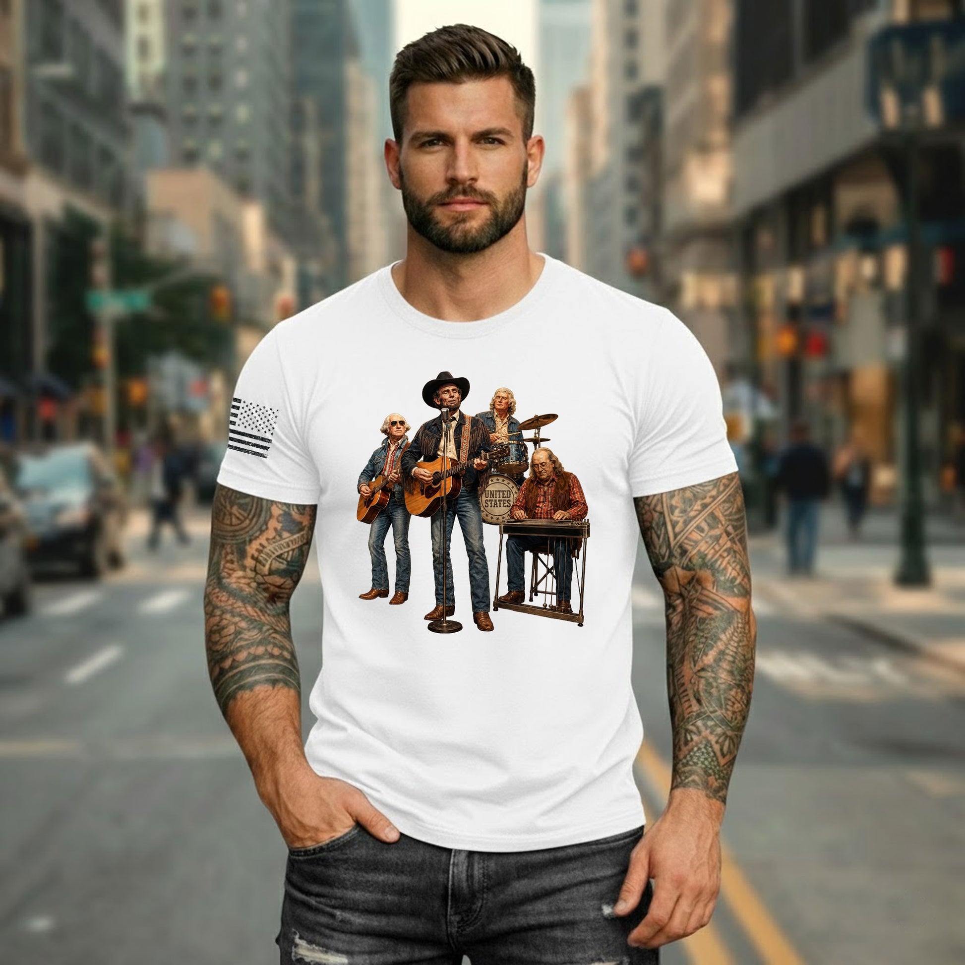 Vintage Patriotic Country Music Apparel - Founding Fathers Band Graphic Design - Rust Field Wear