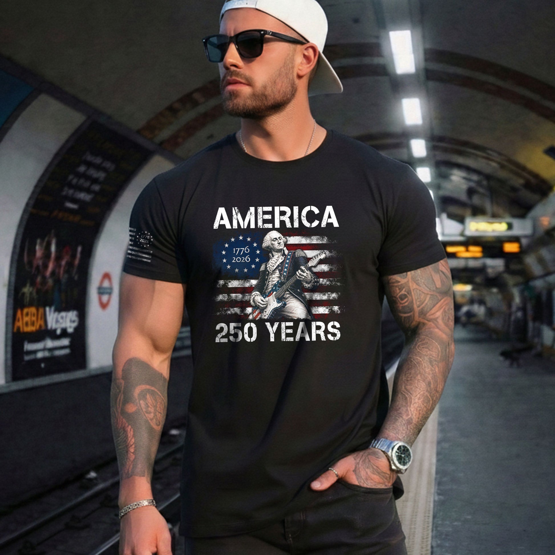 250 Years George Washington Playing Guitar Patriotic Flag Independence Shirt - Rust Field Wear