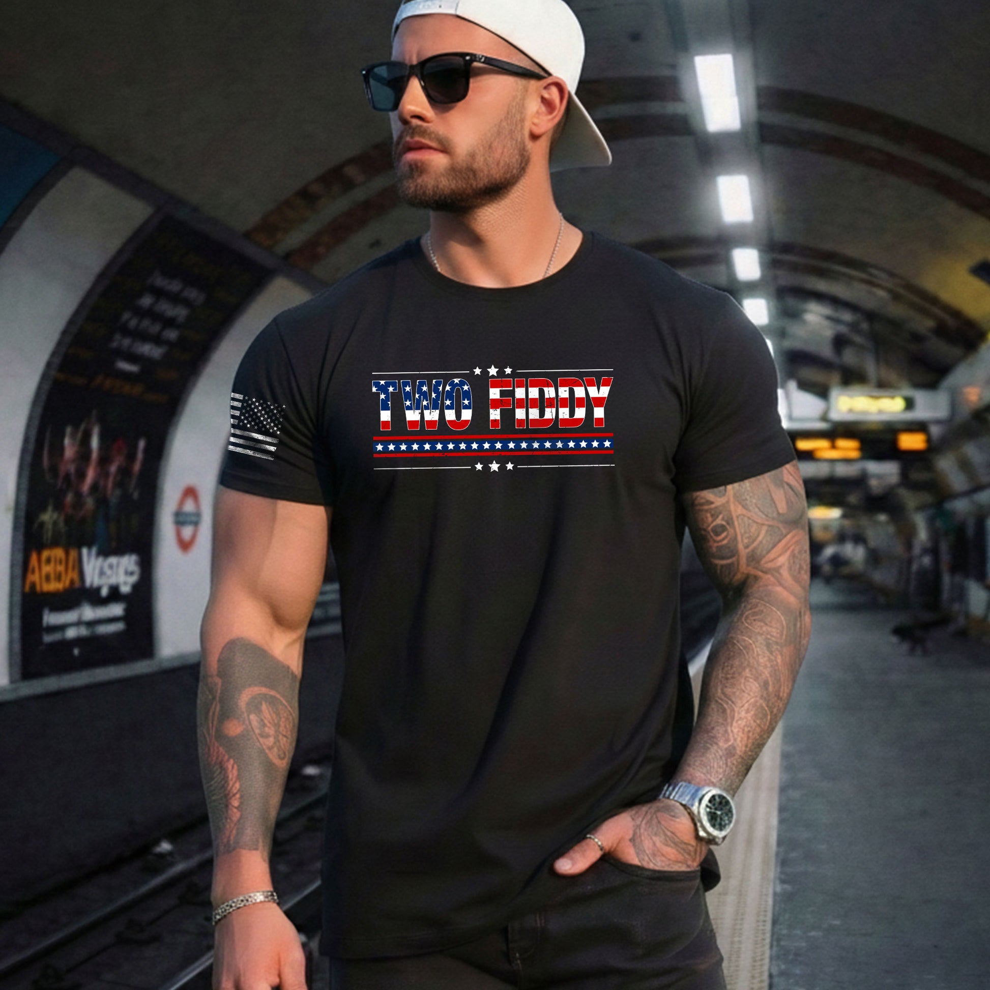 Two Fiddy Graphic T-Shirt Patriotic American Flag Design Casual Tee for Men and Women - Rust Field Wear