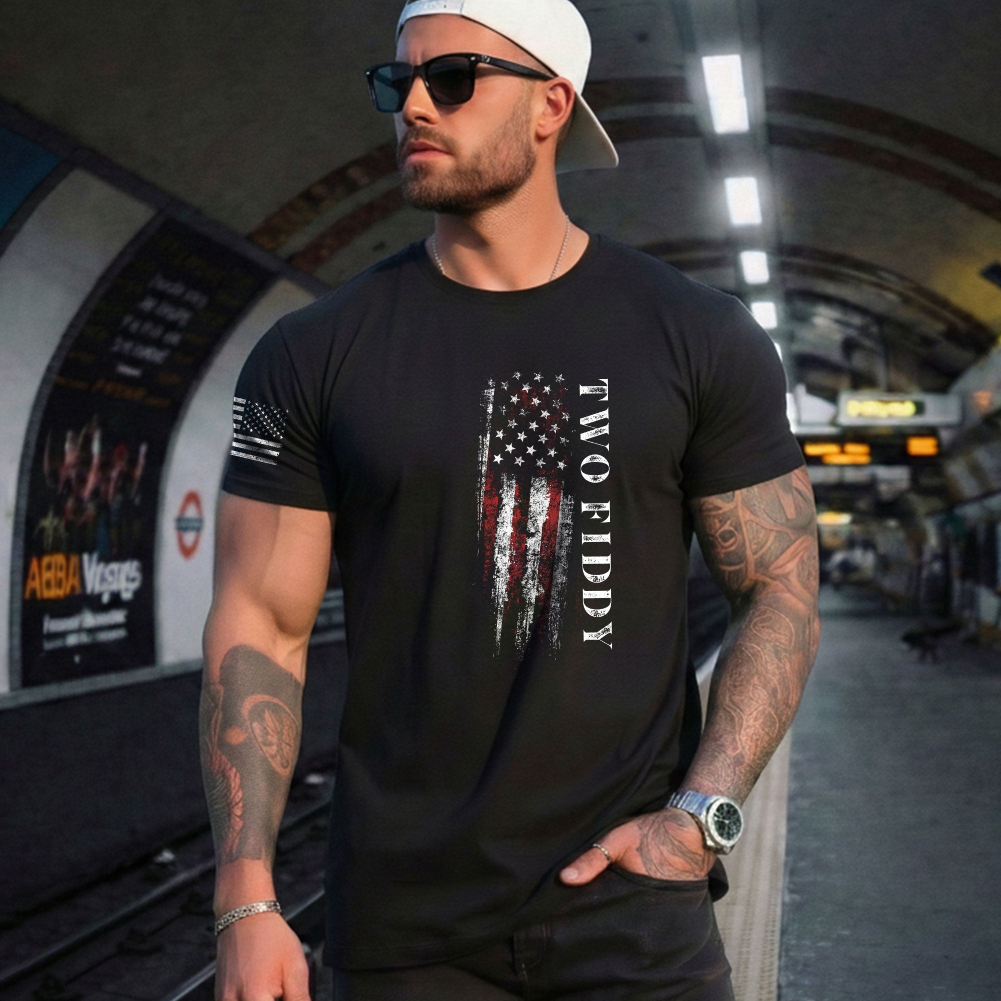 Two Fiddy Patriotic T-Shirt Distressed Vertical Flag Graphic Casual Apparel for Everyone - Rust Field Wear