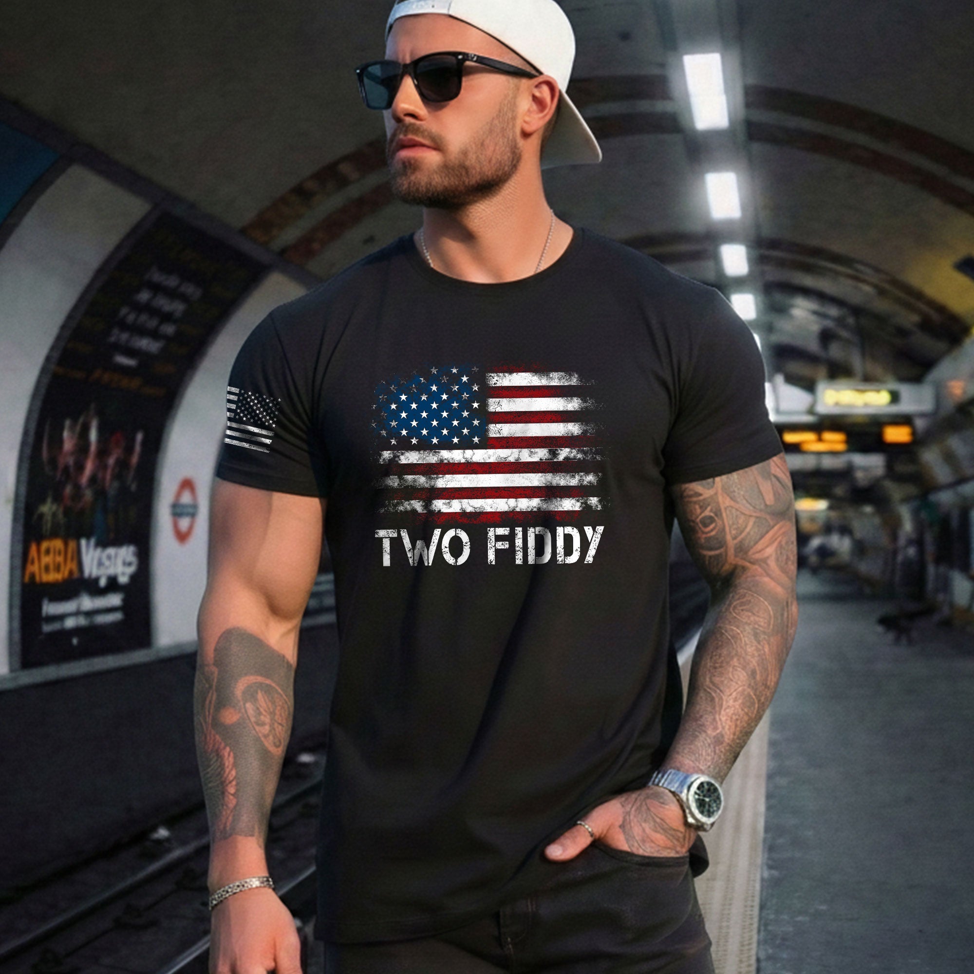 Two Fiddy Distressed Flag Graphic Tee Unisex Soft Cotton Patriotic Short Sleeve T-Shirt - Rust Field Wear