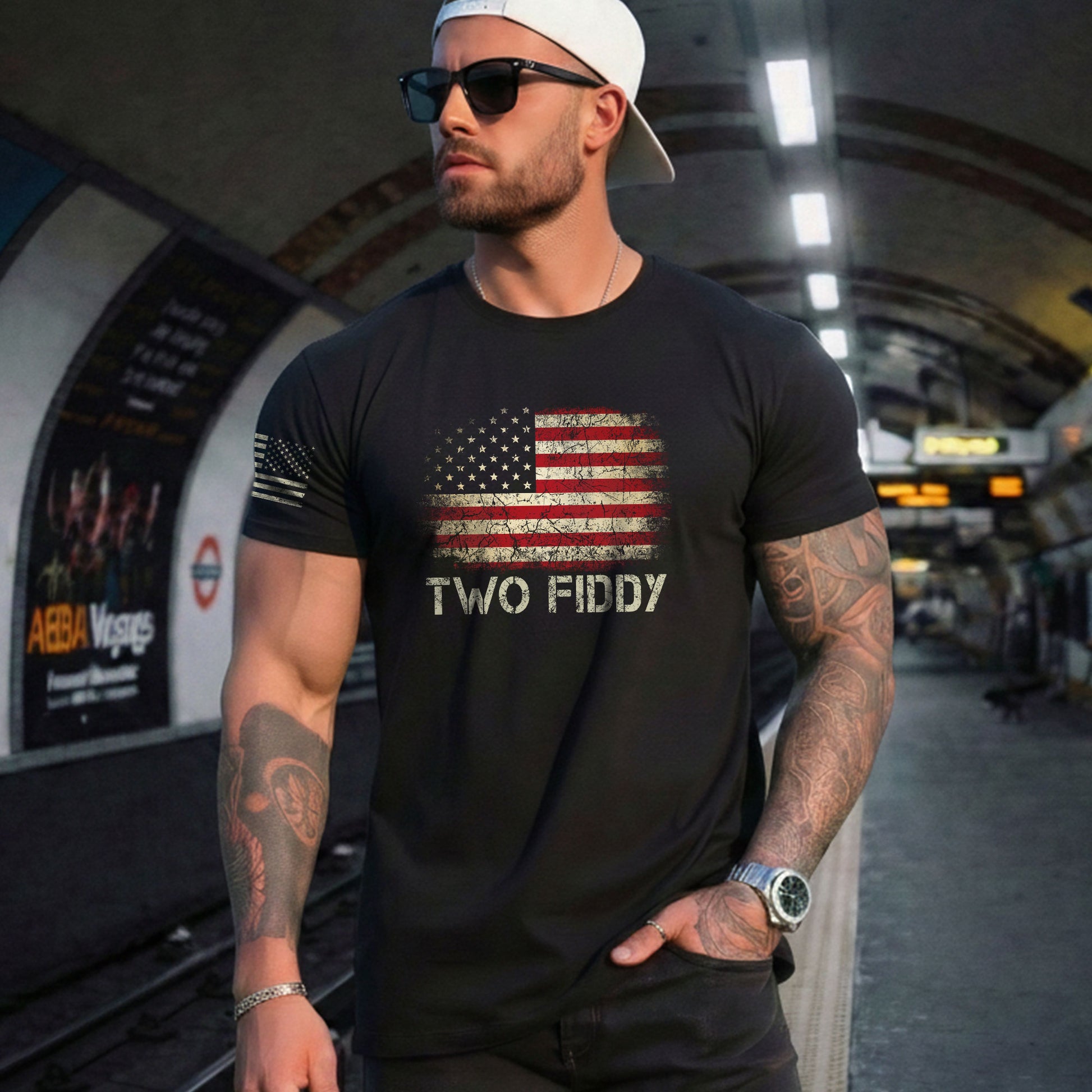 Two Fiddy Graphic T-Shirt Distressed American Flag Print Casual Cotton Short Sleeve Tee - Rust Field Wear