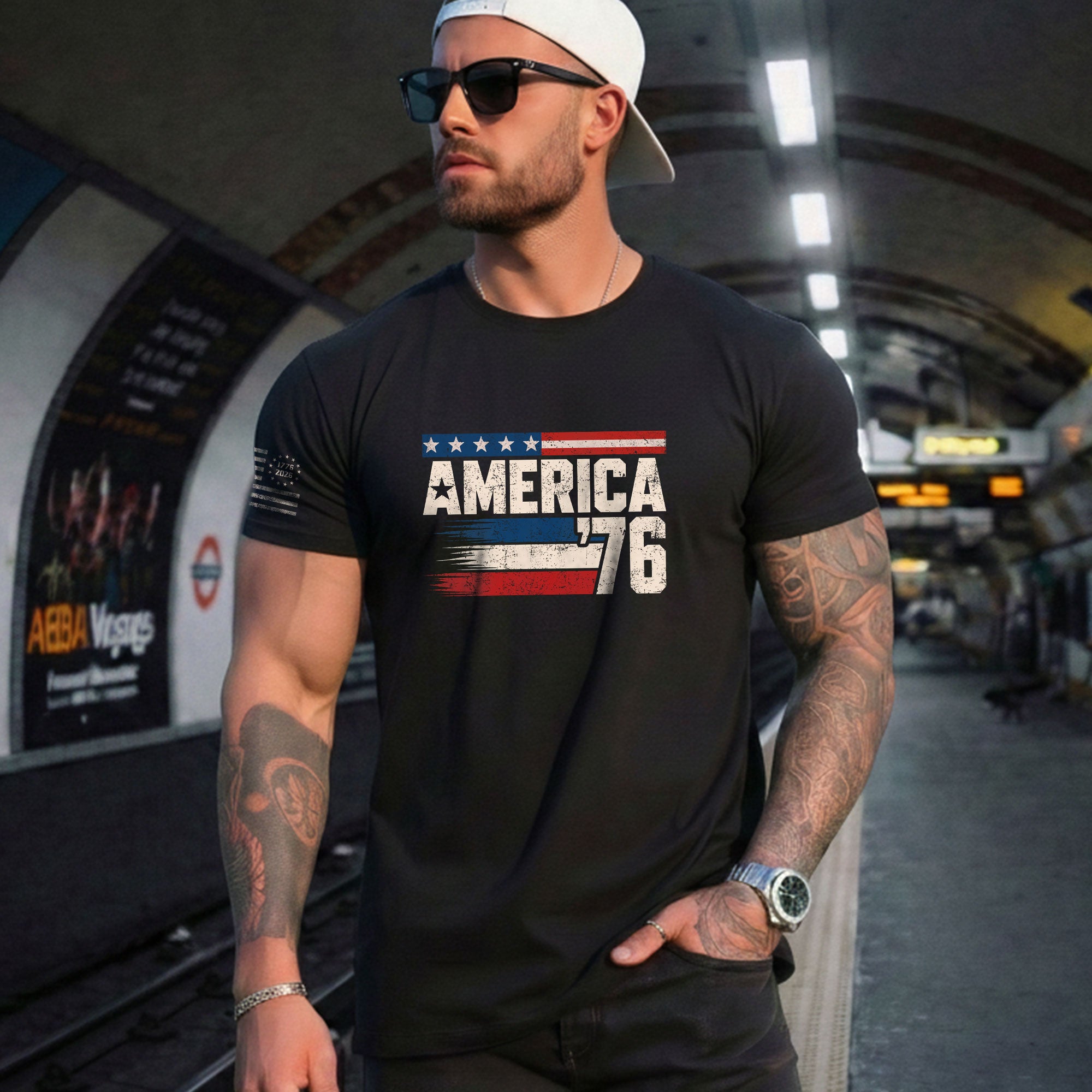America '76 Graphic Tee Vintage Flag Design Patriotic Style Casual Mens Statement Shirt - Rust Field Wear