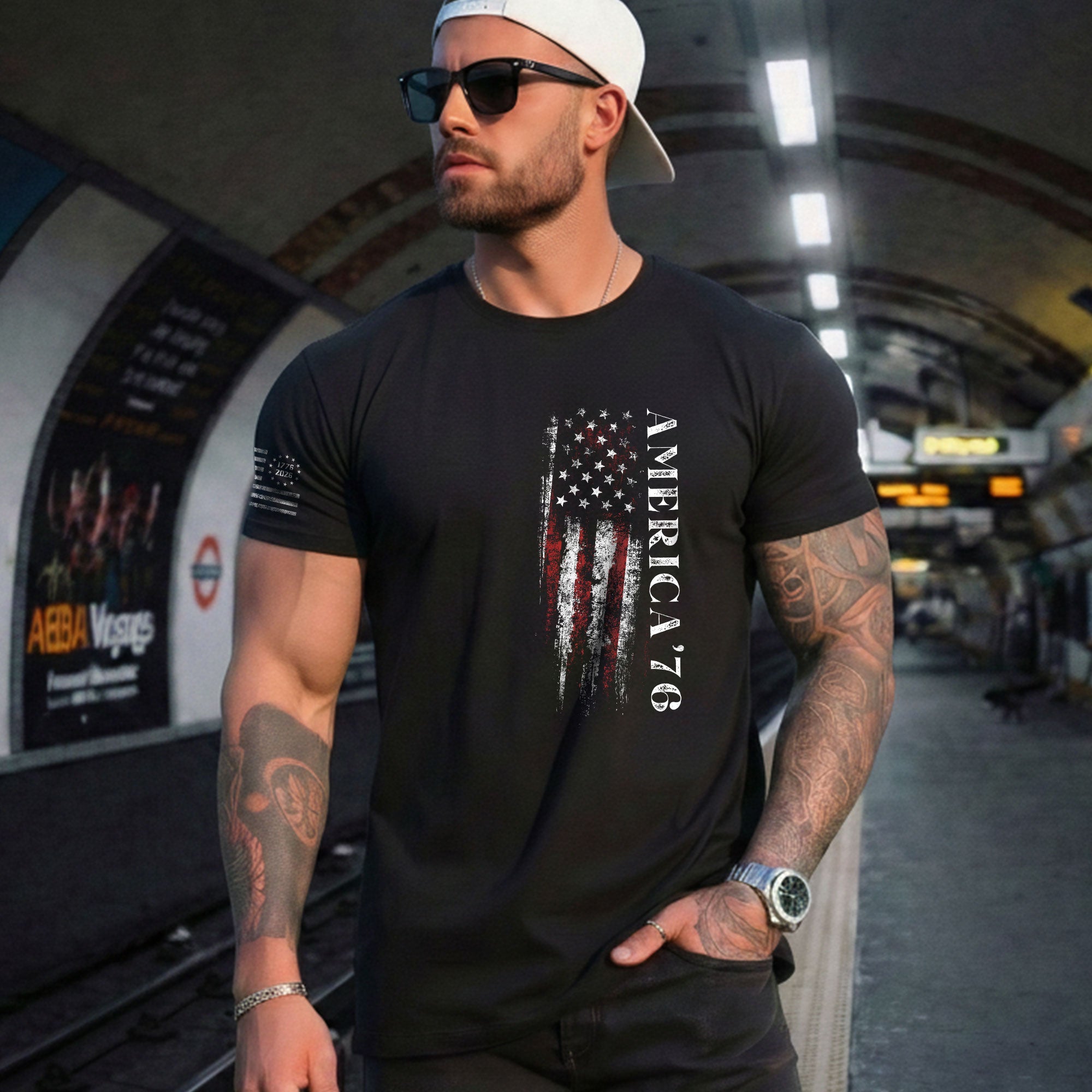 America '76 Graphic T Shirt Patriotic Vertical Flag Design Casual Mens Statement Shirt - Rust Field Wear