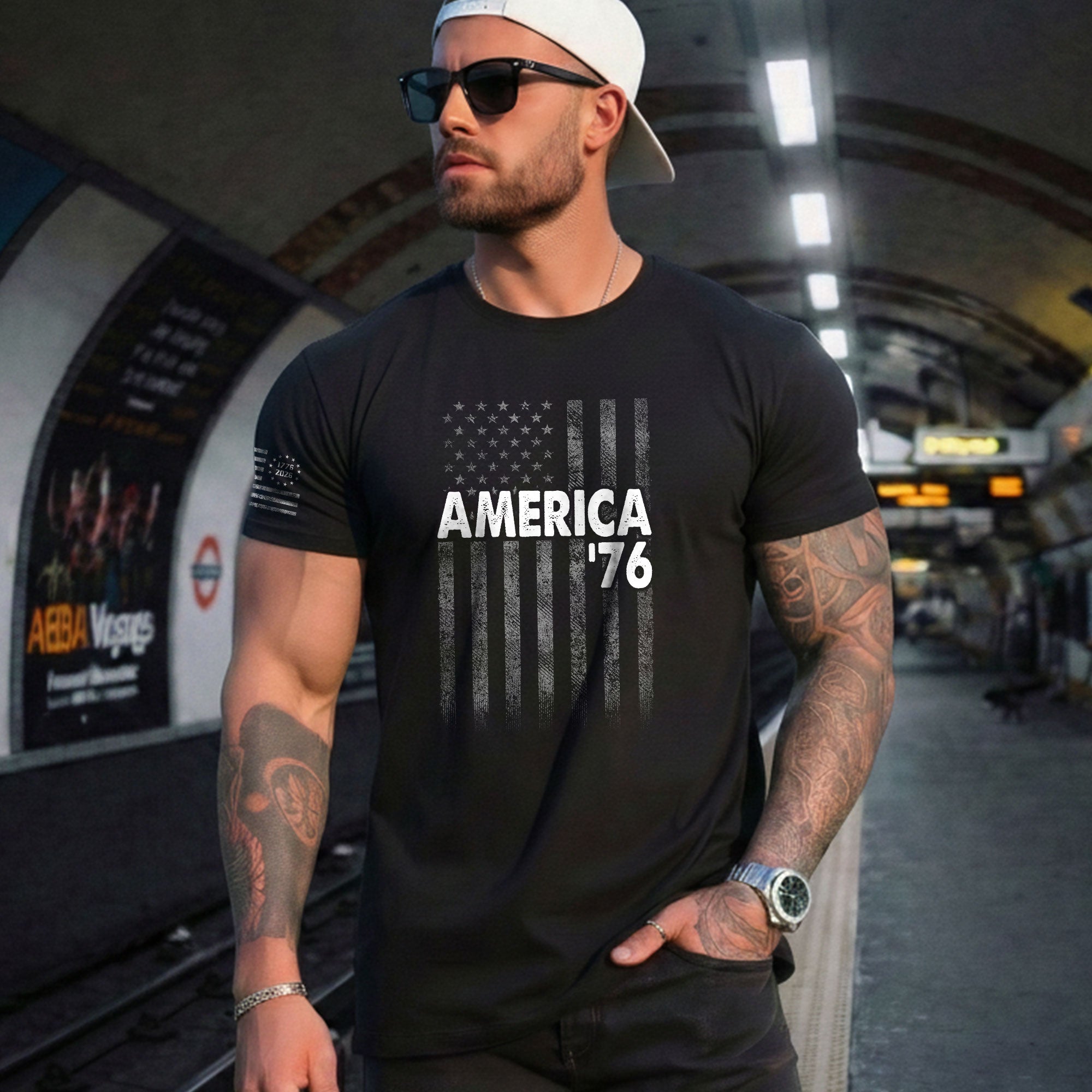 America '76 Graphic T Shirt Distressed Flag Design Patriotic Casual Mens Apparel Shirt - Rust Field Wear