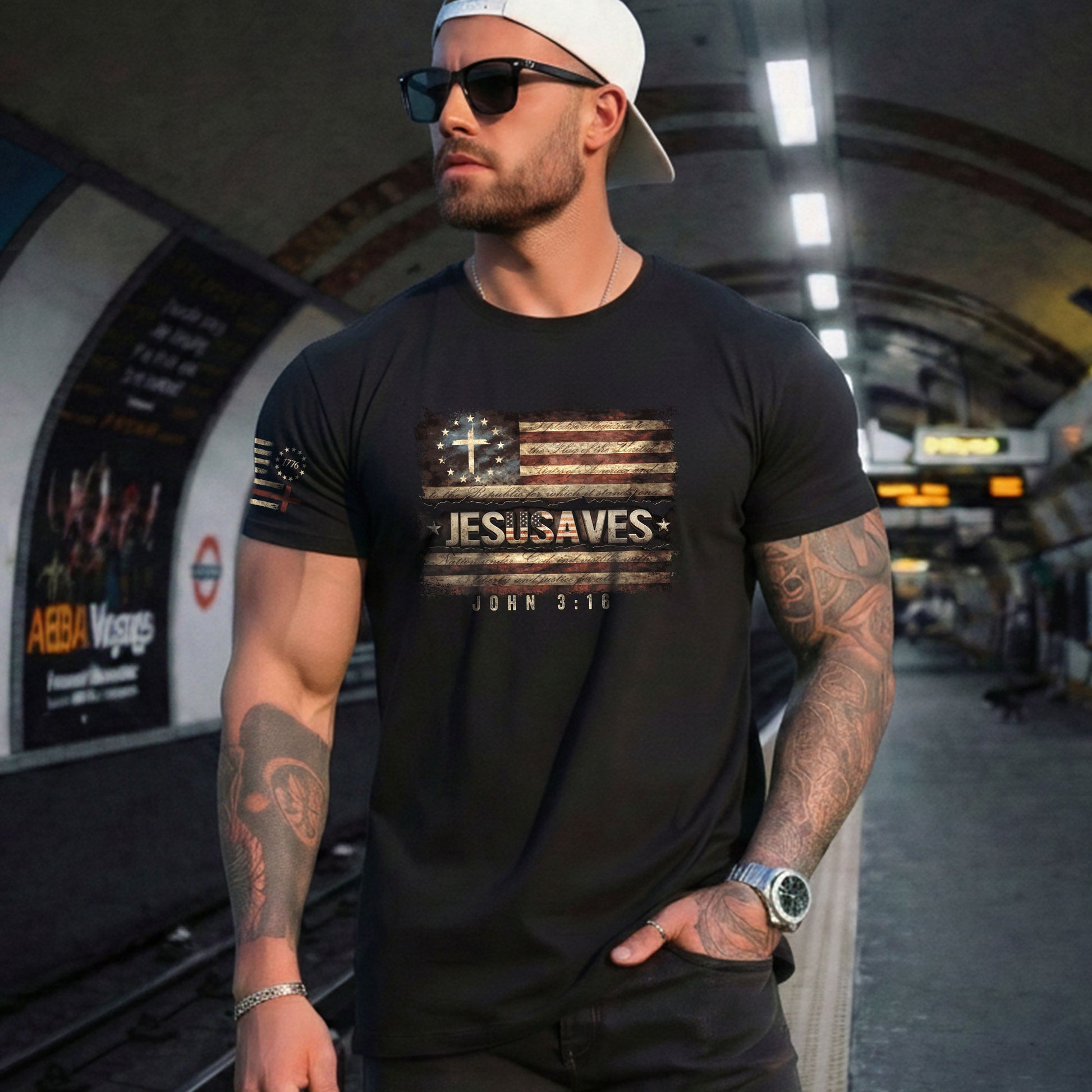 JESUSAVES T-Shirt John 3:16 Pledge of Allegiance Christian Cross Patriotic US Flag Tee - Rust Field Wear
