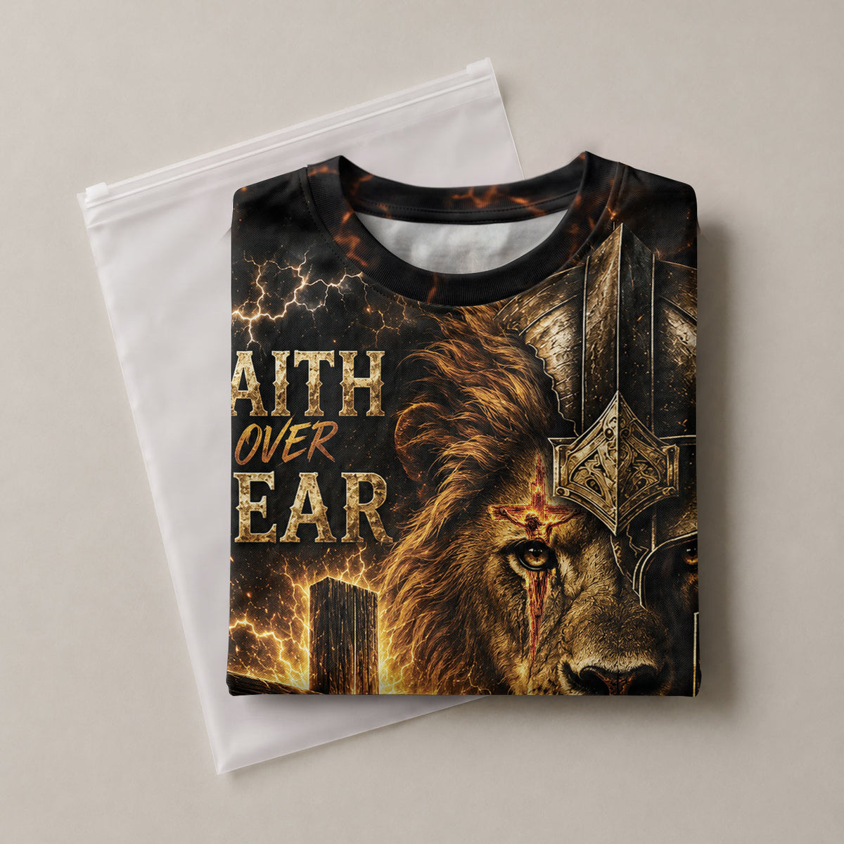 Faith Over Fear Lion Cross Warrior 3D Graphic Christian T Shirt Apparel Men Clothing - Rust Field Wear