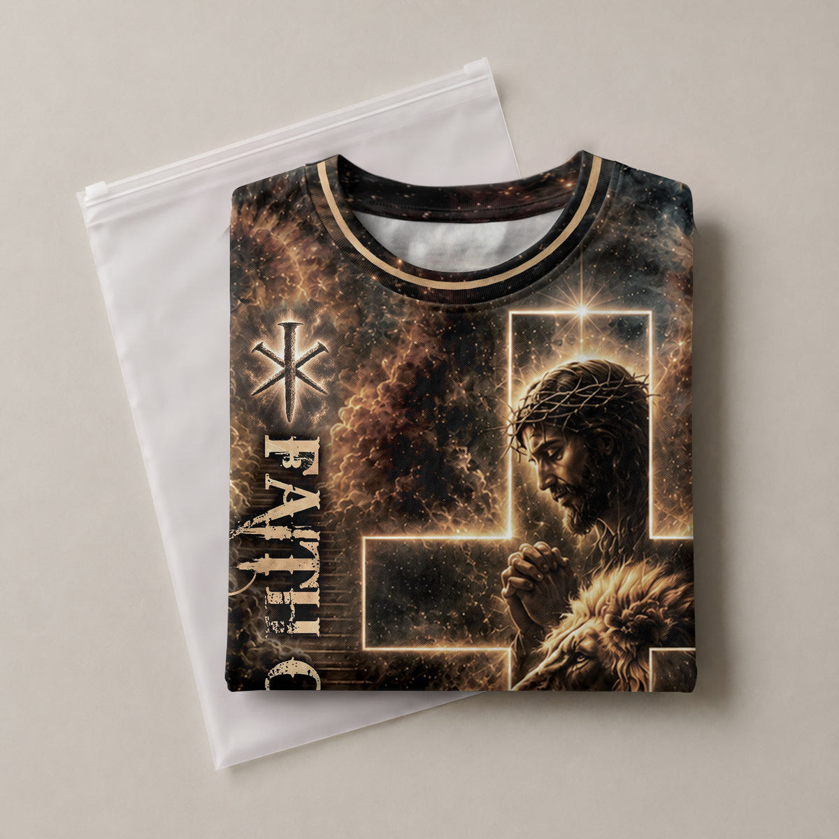Jesus Lion Cross Faith Over Fear 3D Graphic Christian T Shirt Apparel Men Clothing - Rust Field Wear