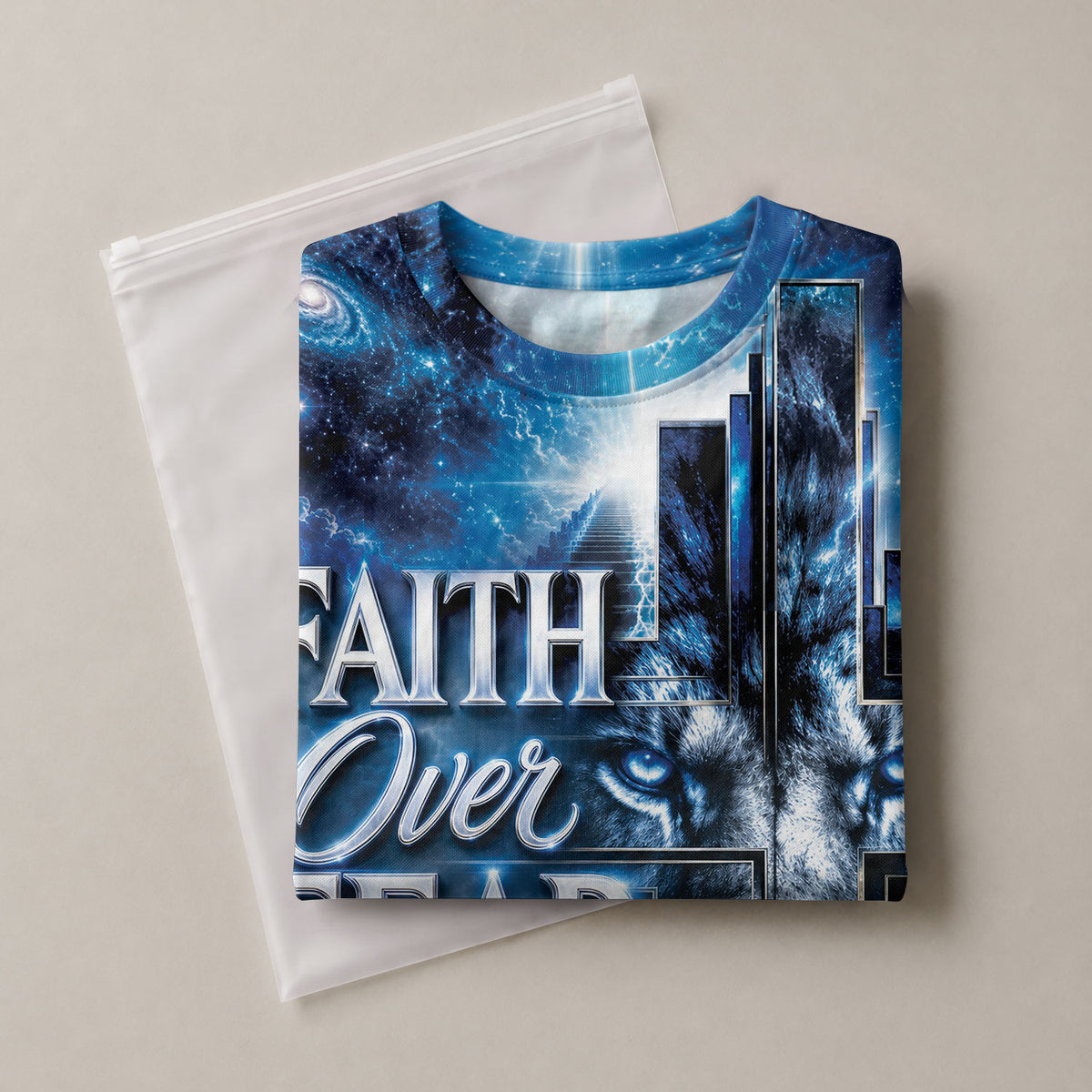 Faith Over Fear Lightning Lion Cross 3D Graphic Christian T Shirt Apparel Men Clothing - Rust Field Wear