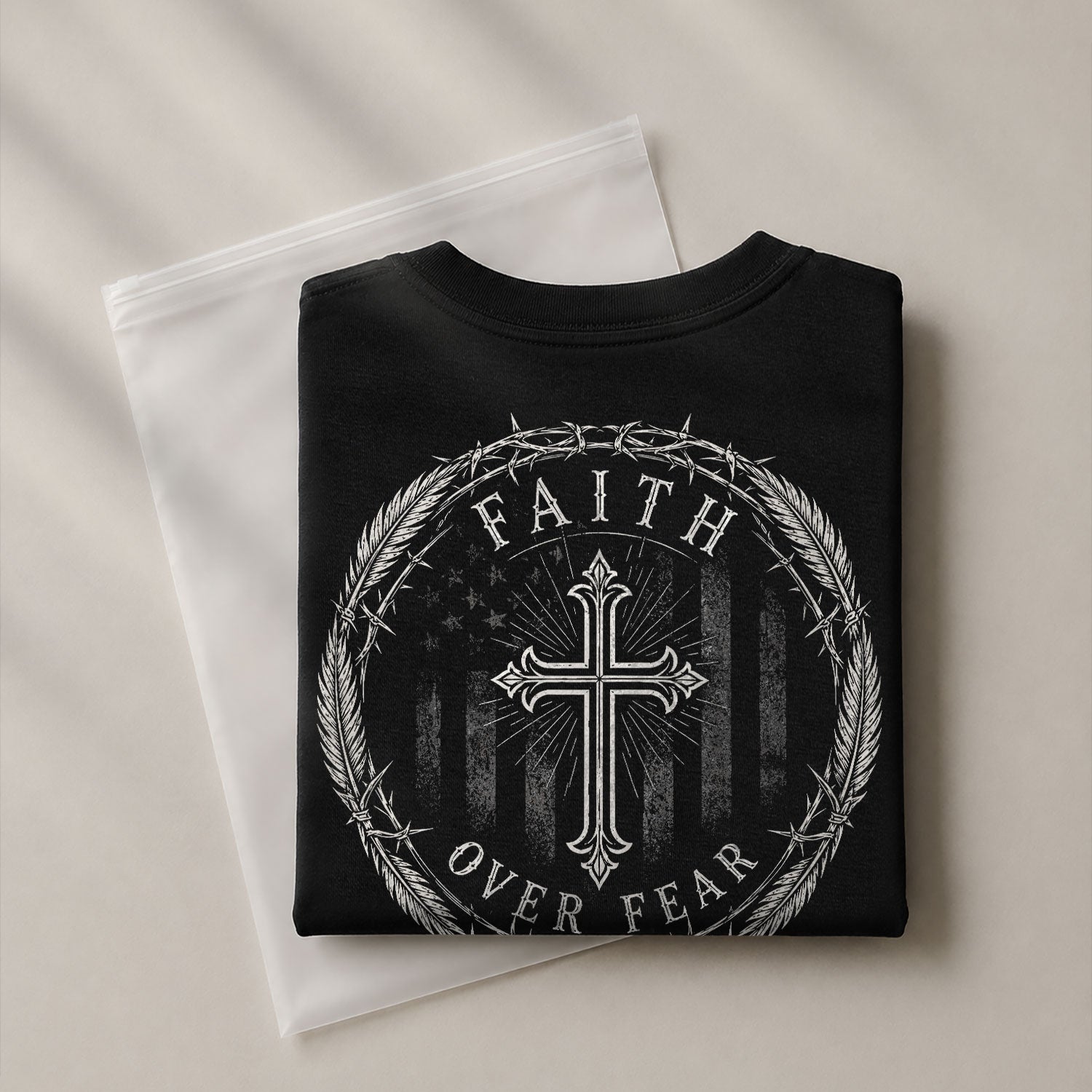 Faith Over Fear Shirt Men Christian T-Shirt Crown Thorns Cross Flag Graphic Religious Tee