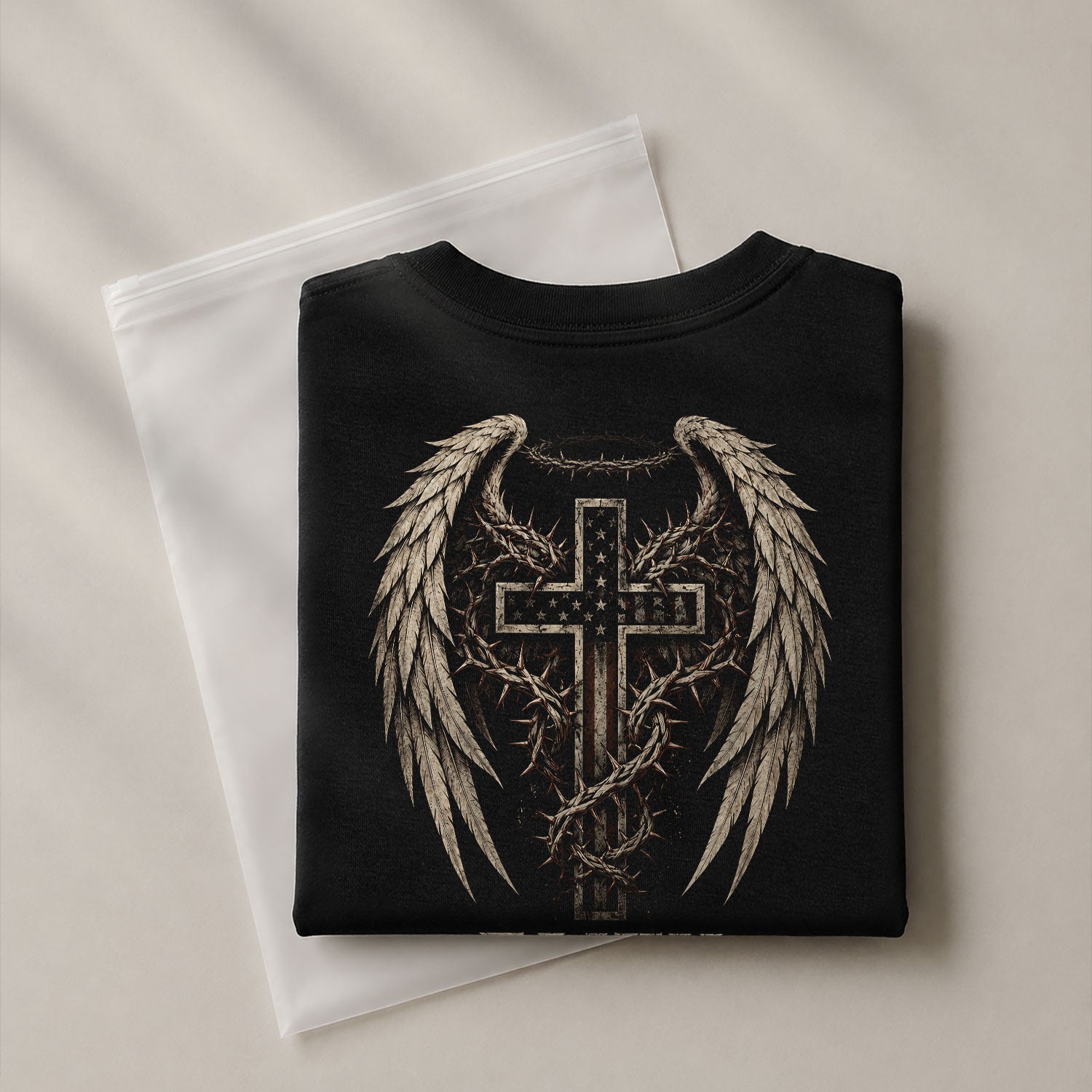 Faith Over Fear Shirt Men Christian T-Shirt Angel Wings Cross Thorns Religious Graphic Tee