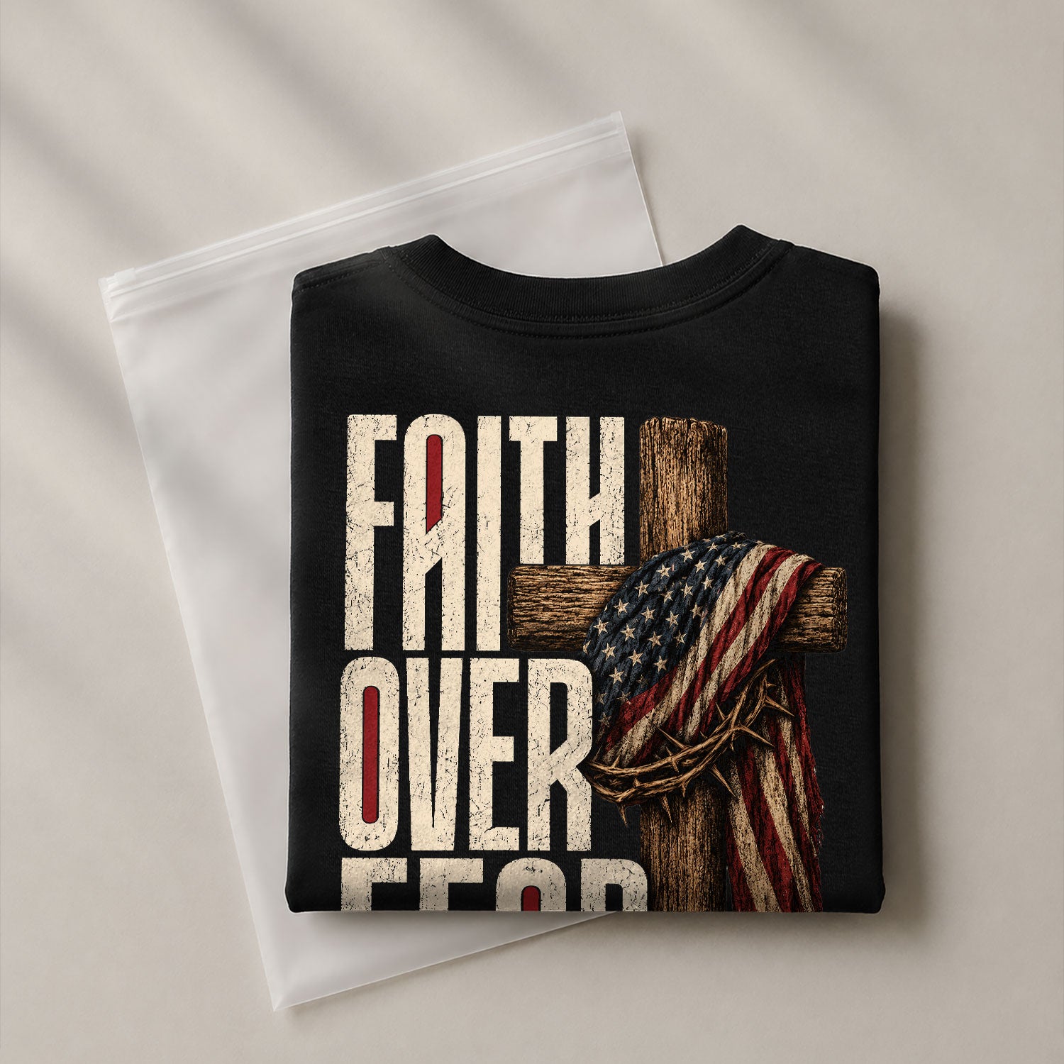Faith Over Fear Christian Shirt Patriotic Cross American Flag Religious Graphic Tee - Rust Field Wear