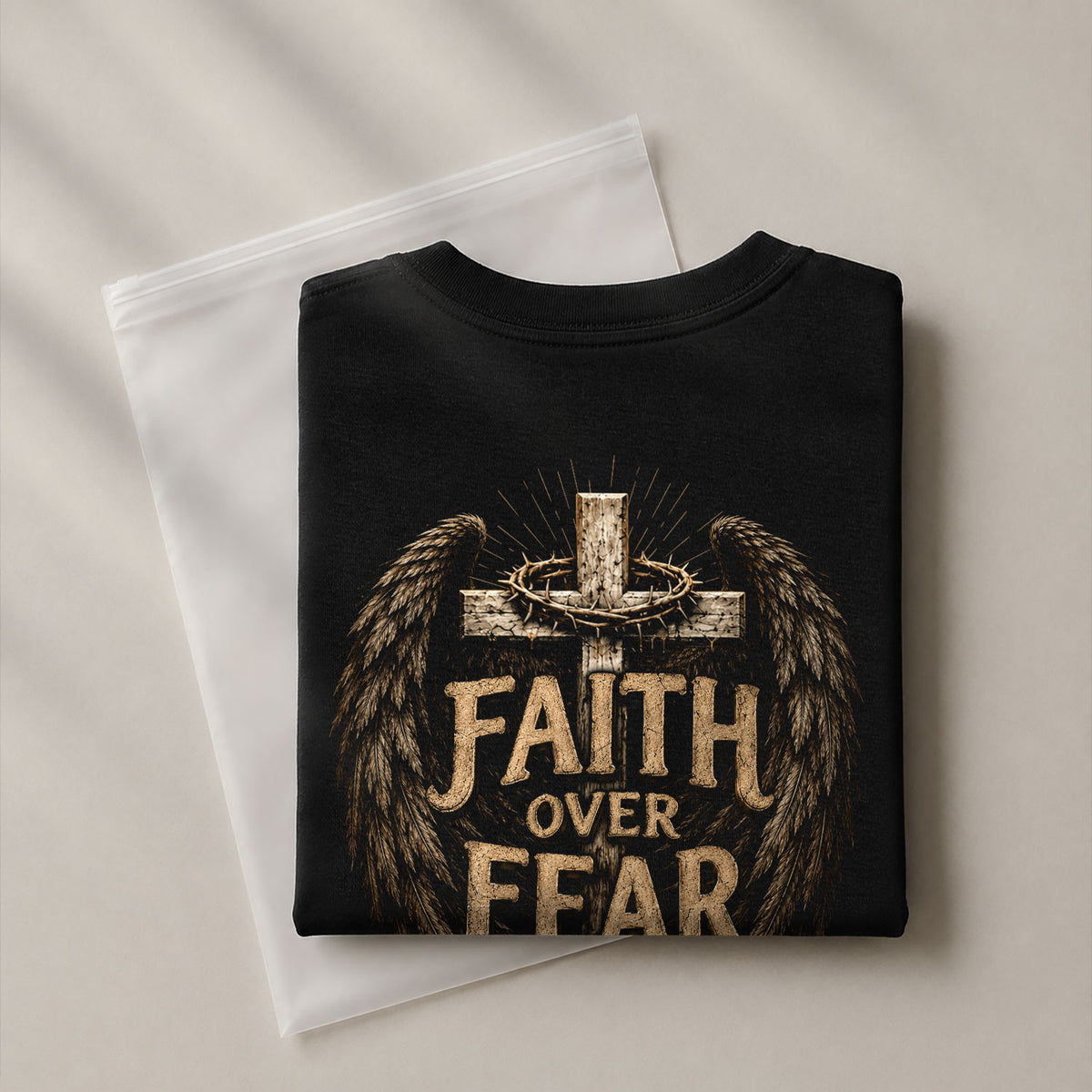 Faith Over Fear Cross Wings Crown Christian Graphic T-Shirt Unisex Casual Apparel - Rust Field Wear