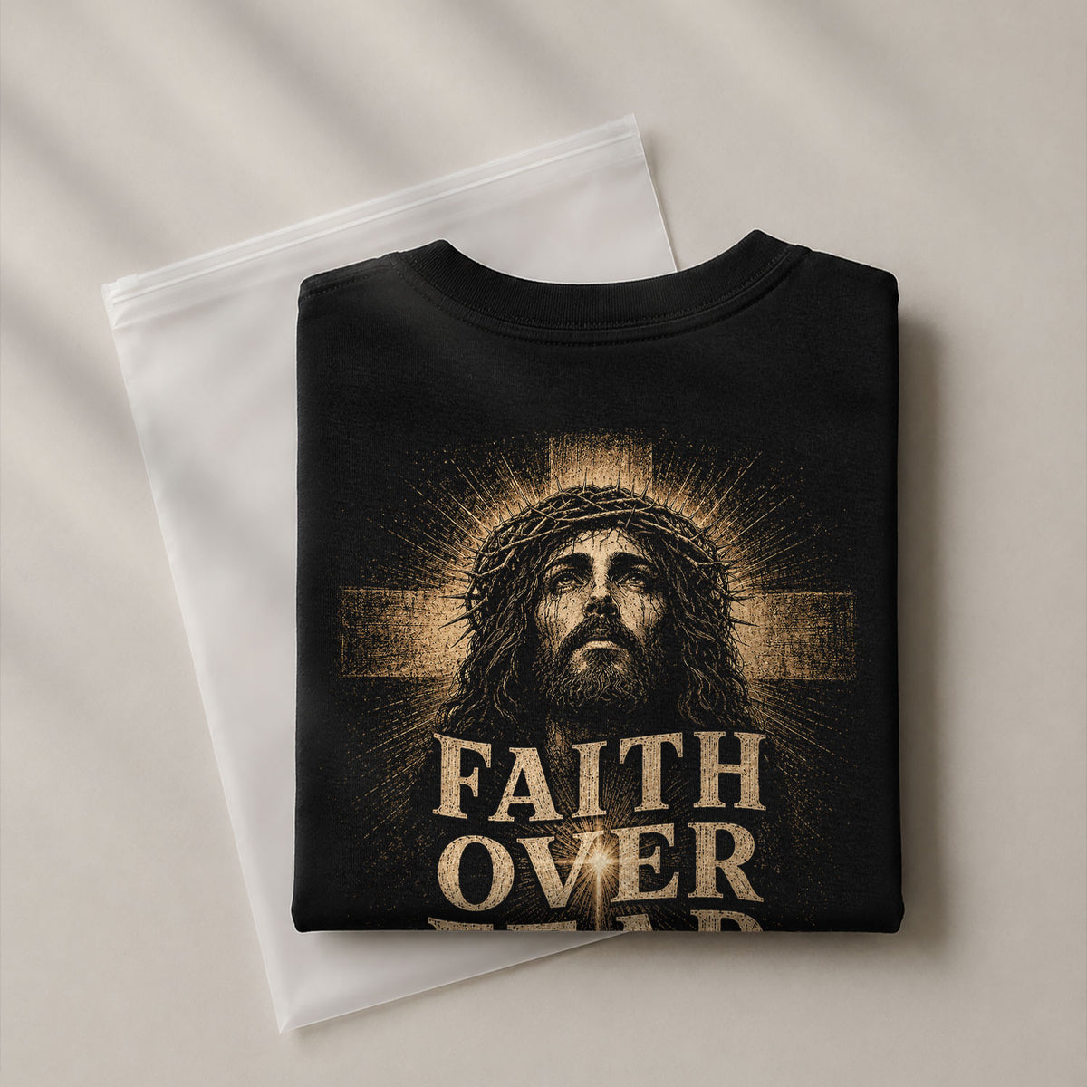 Inspirational Christian T-Shirt Faith Over Fear Jesus Portrait Casual Cotton Top - Rust Field Wear