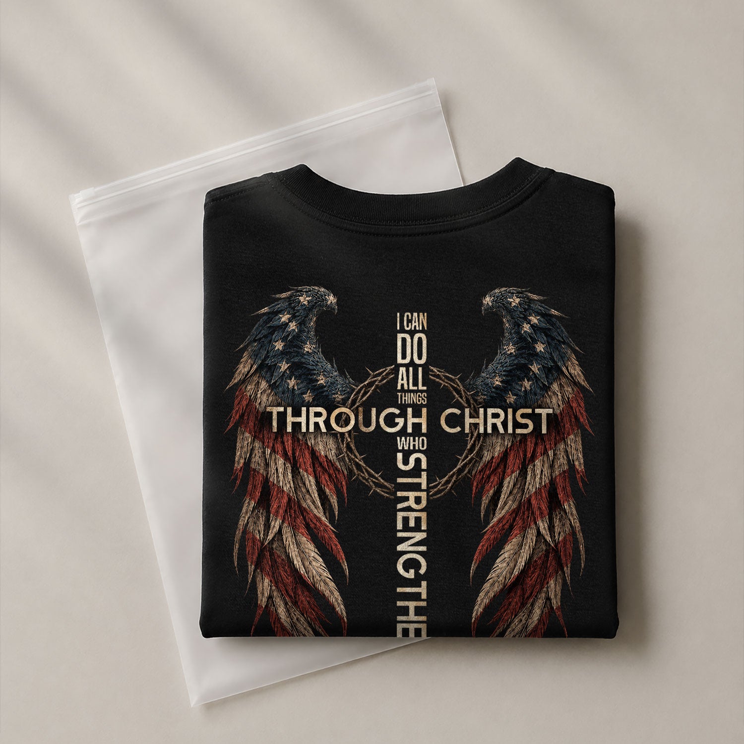 Through Christ Who Strengthens Me Shirt Cross Flag Wings Philippians 4 13 Graphic Tee