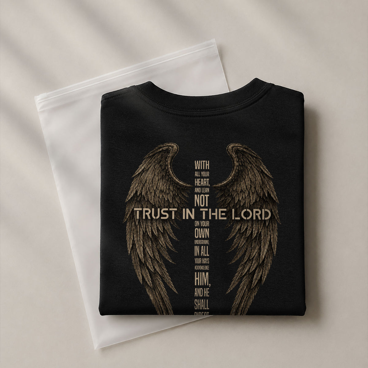 Trust In The Lord Shirt Faith Christian Cross Angel Wings Proverbs 3 5 6 Graphic Tee - Rust Field Wear