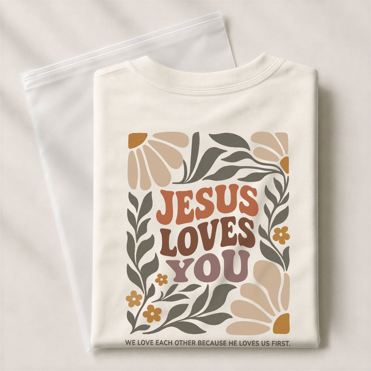Jesus Loves You Retro Botanical Earth Tone 1 John 4 19 Christian T Shirt Apparel Women - Rust Field Wear