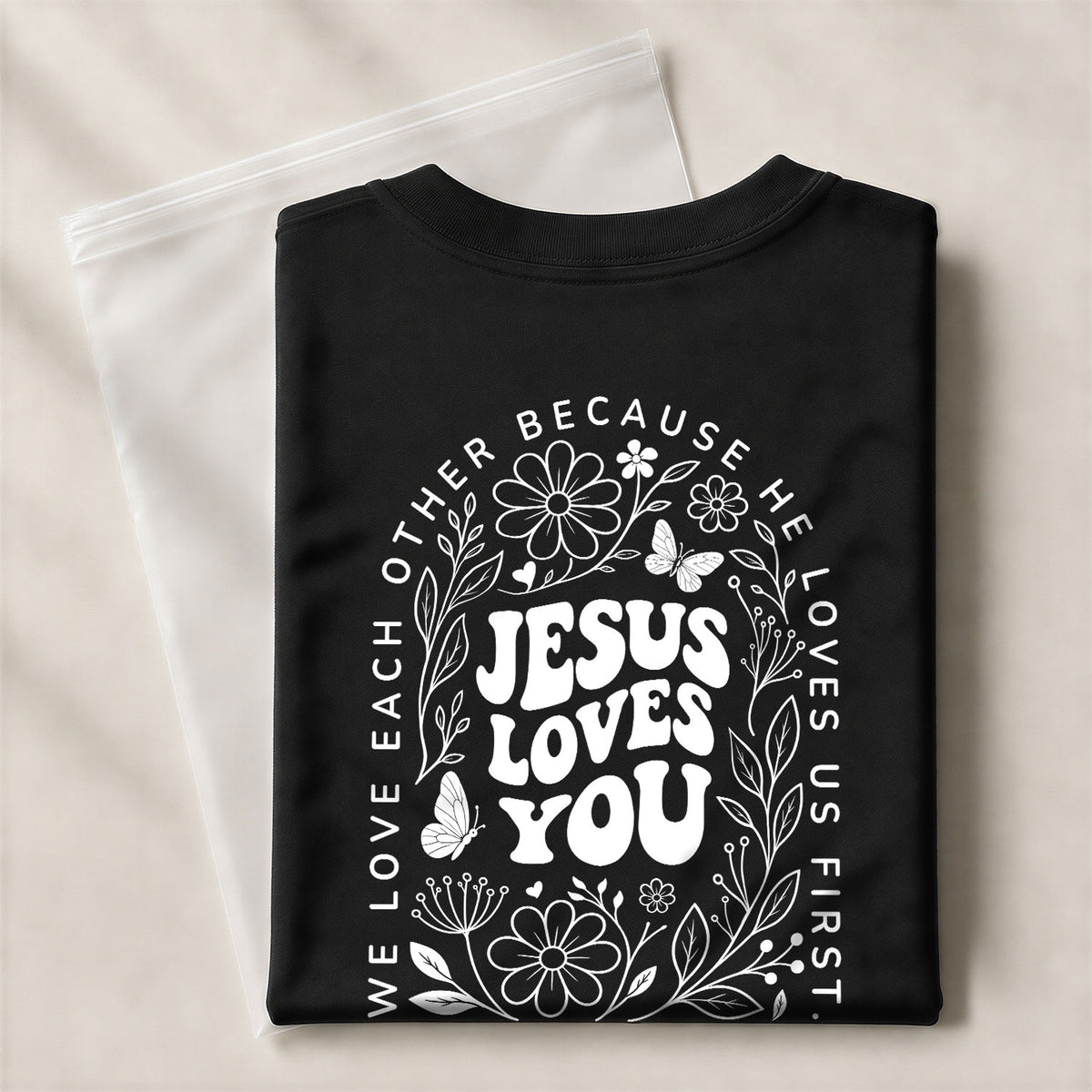 Jesus Loves You Retro Butterfly Floral 1 John 4 19 Christian T Shirt Apparel Women - Rust Field Wear
