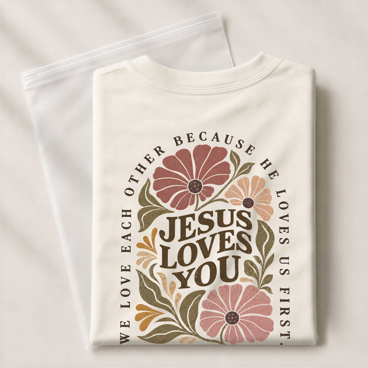 Jesus Loves You Vintage Floral 1 John 4 19 Scripture Christian T Shirt Apparel Women - Rust Field Wear