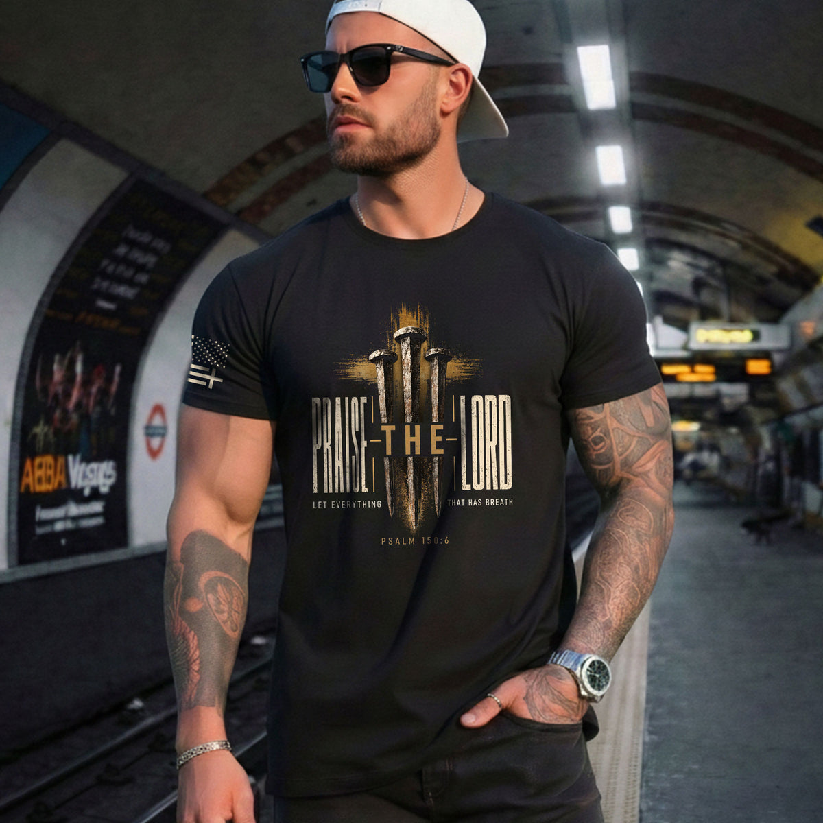 Praise The Lord Psalm 150 6 Nails Cross Graphic Christian T Shirt Apparel Men Clothing - Rust Field Wear