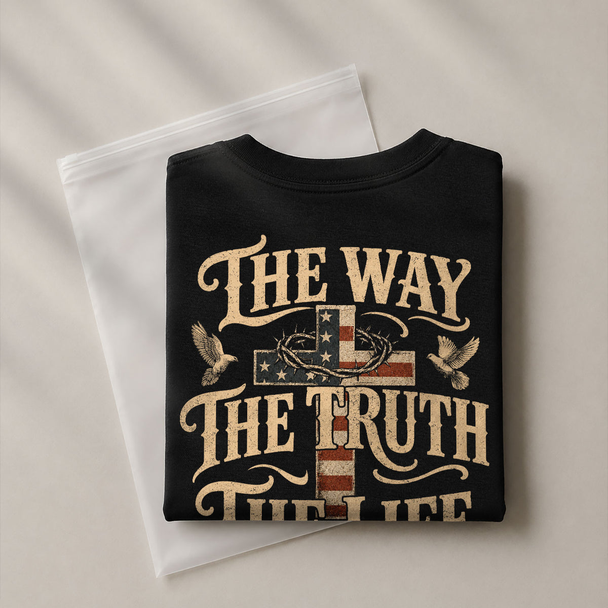 The Way The Truth The Life John American Flag Cross Crown Of Thorns Graphic T Shirt Men - Rust Field Wear