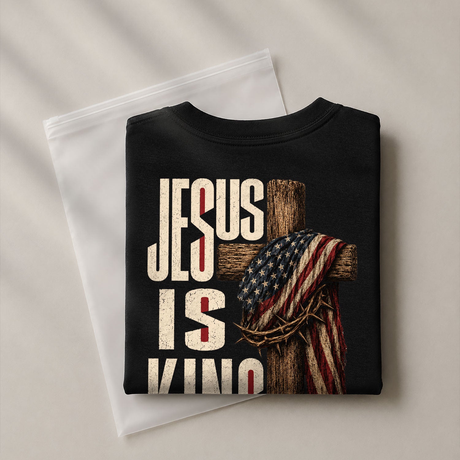 Jesus Is King Shirt Patriotic Christian Men Shirt Wooden Cross American Flag Crown Of Thorns - Rust Field Wear