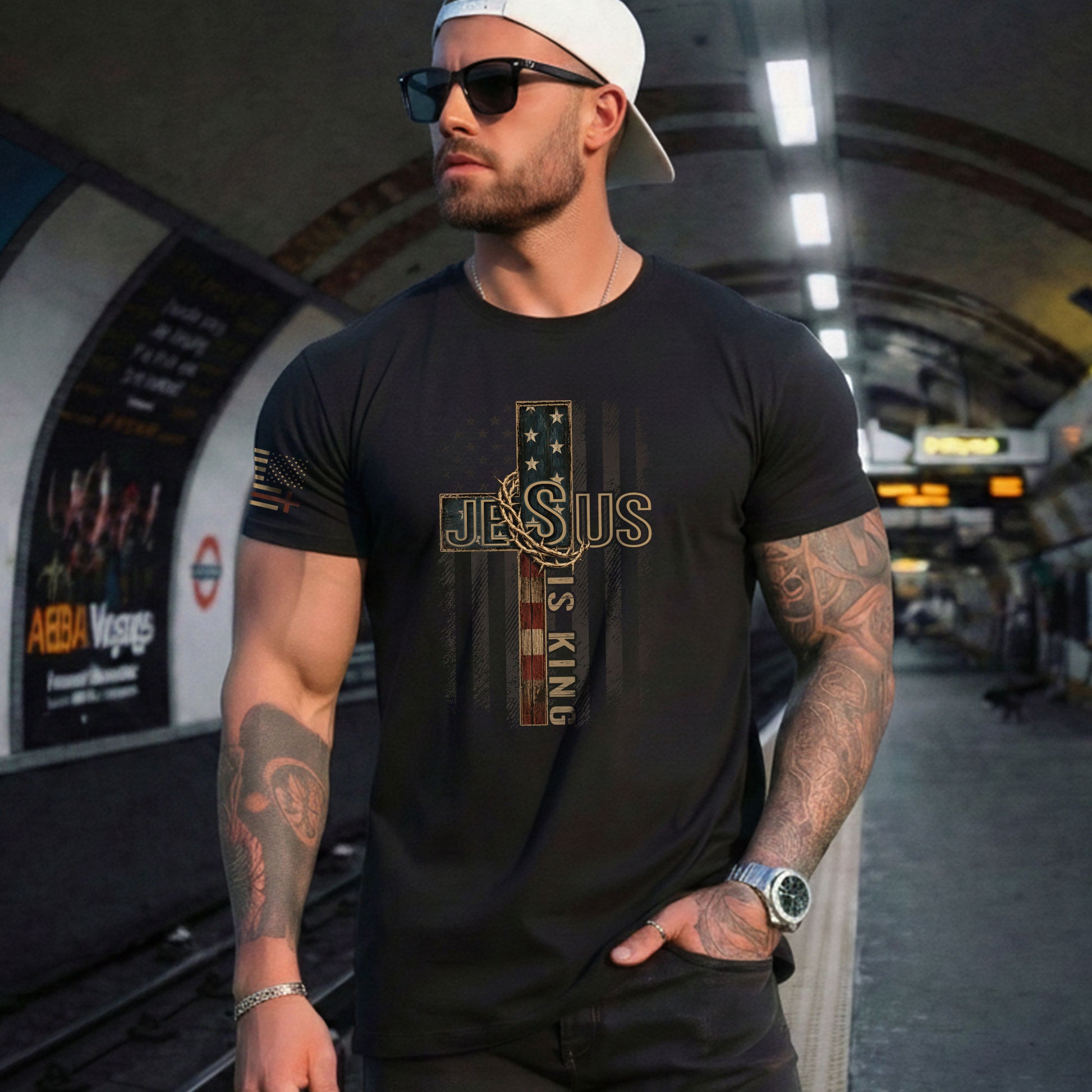 Jesus Is King Shirt Patriotic Christian Men Shirt American Flag Cross Crown Of Thorns Tee - Rust Field Wear