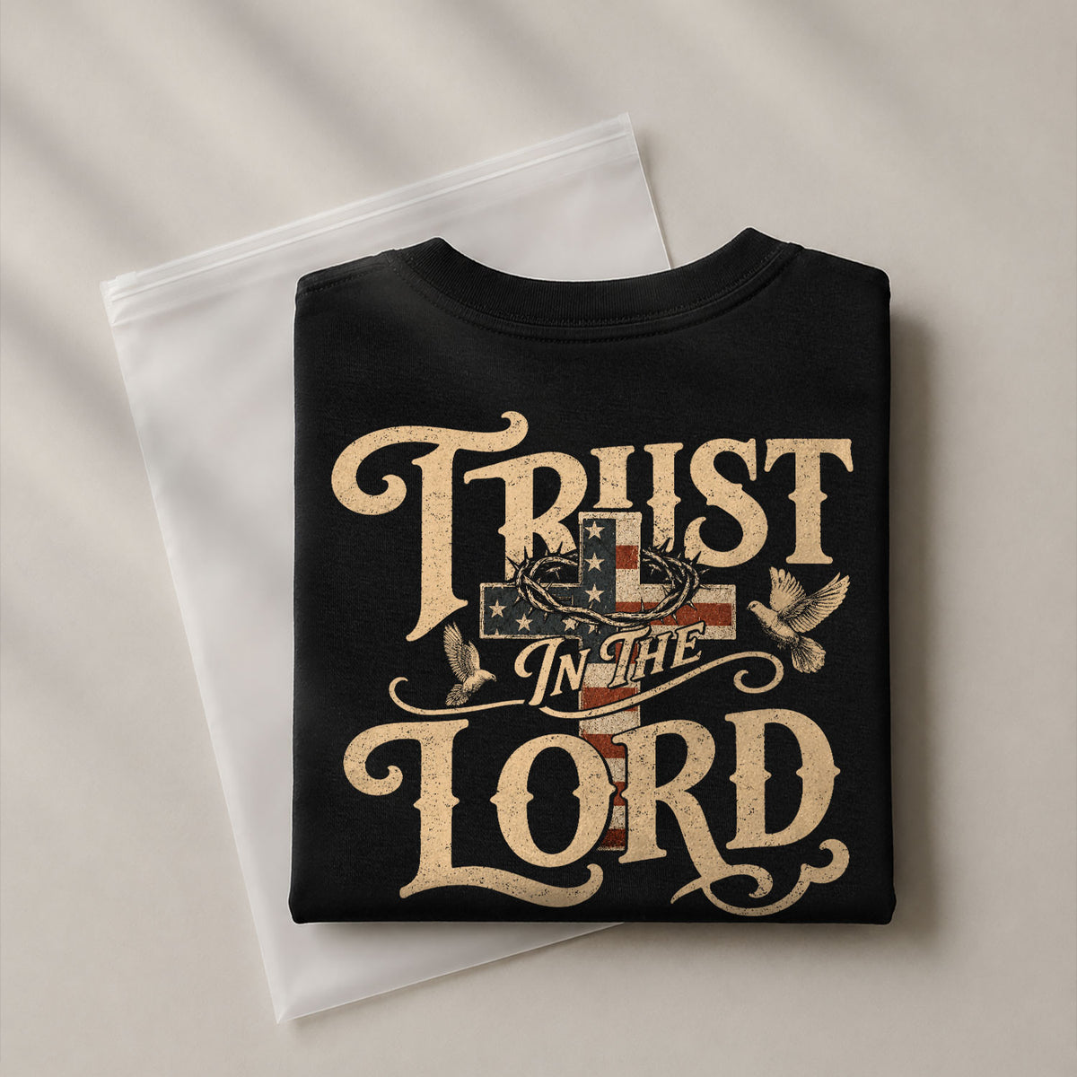 Trust In The Lord Proverbs American Flag Cross Doves Christian Graphic T Shirt Men - Rust Field Wear