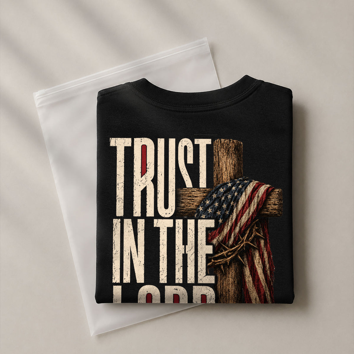 Trust In The Lord American Flag Cross Crown Of Thorns Christian Graphic T Shirt Men - Rust Field Wear