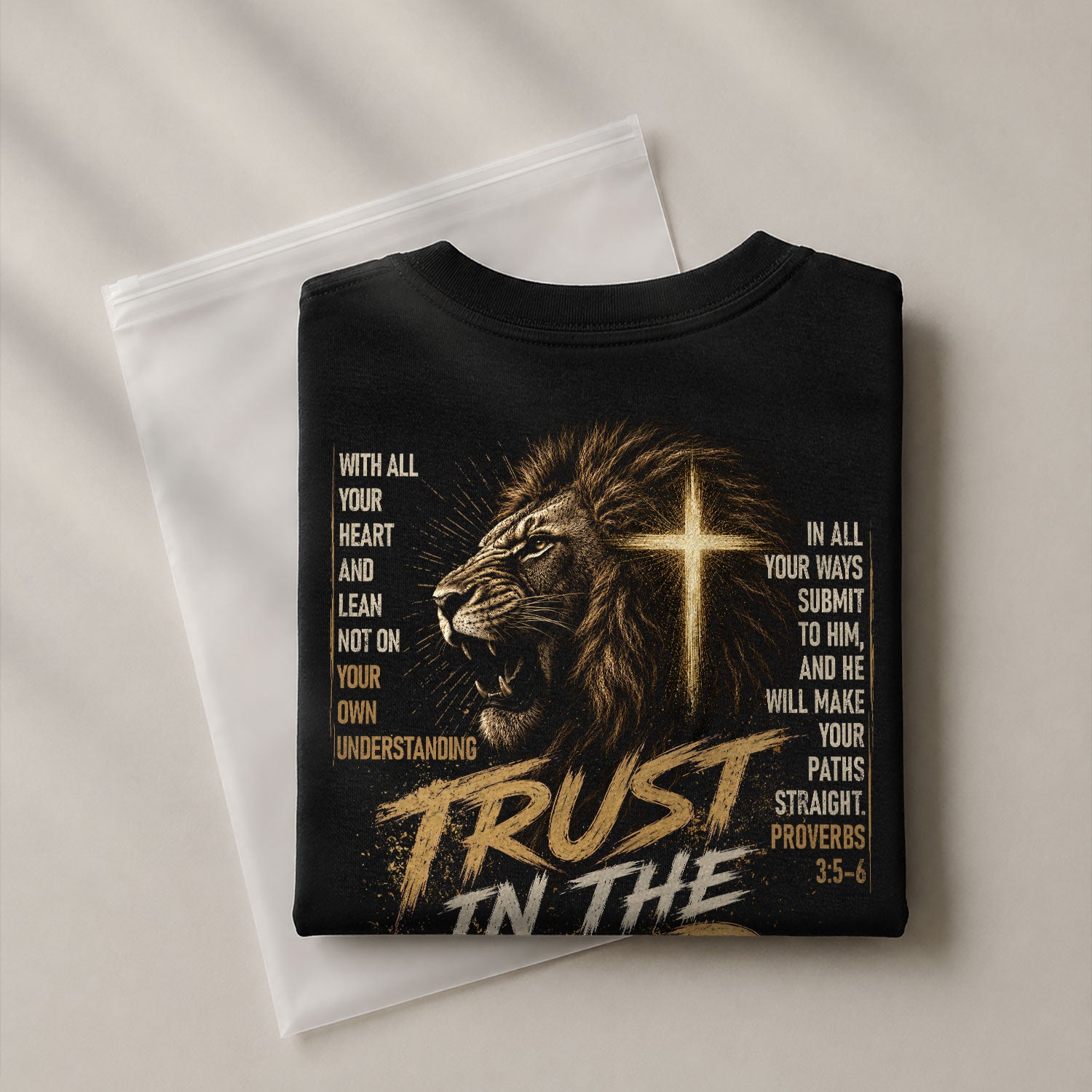 Trust In The Lord Lion Cross Scripture Christian Graphic Casual Crewneck Tee Shirt Men - Rust Field Wear