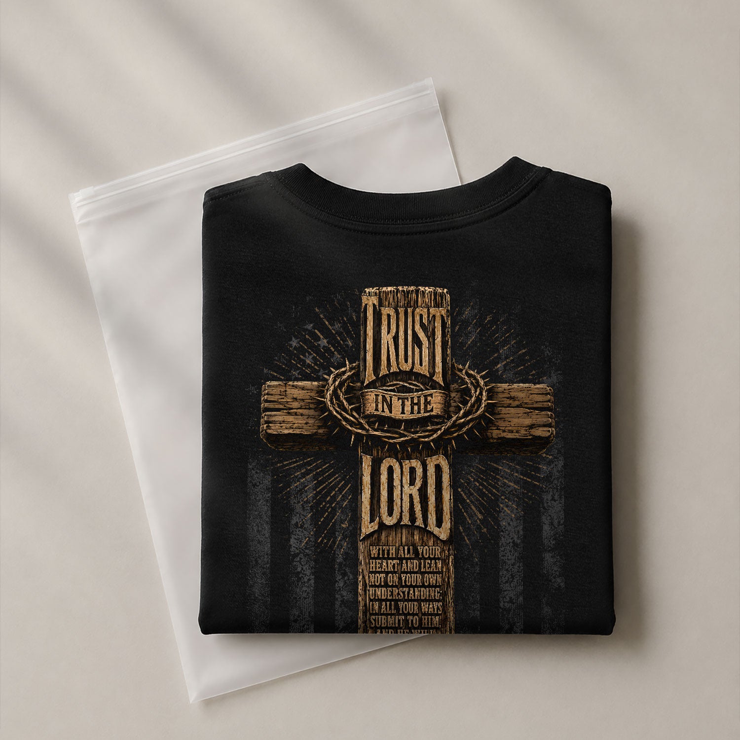 Trust In The Lord Wooden Cross Scripture Christian Graphic Casual Crewneck Tee Men - Rust Field Wear