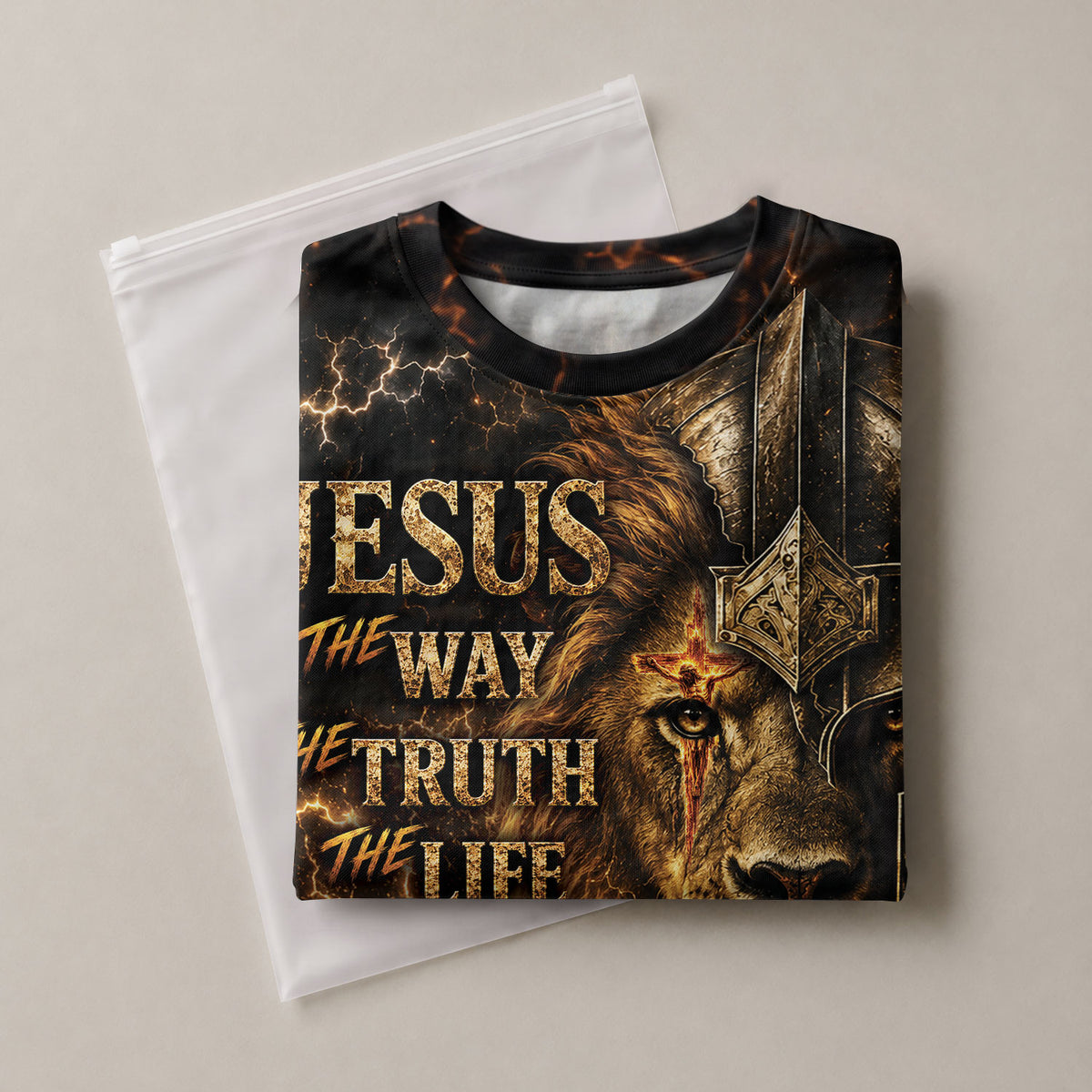 Jesus The Way The Truth The Life Lion Warrior Cross Christian 3D Graphic Tee Shirt Men - Rust Field Wear