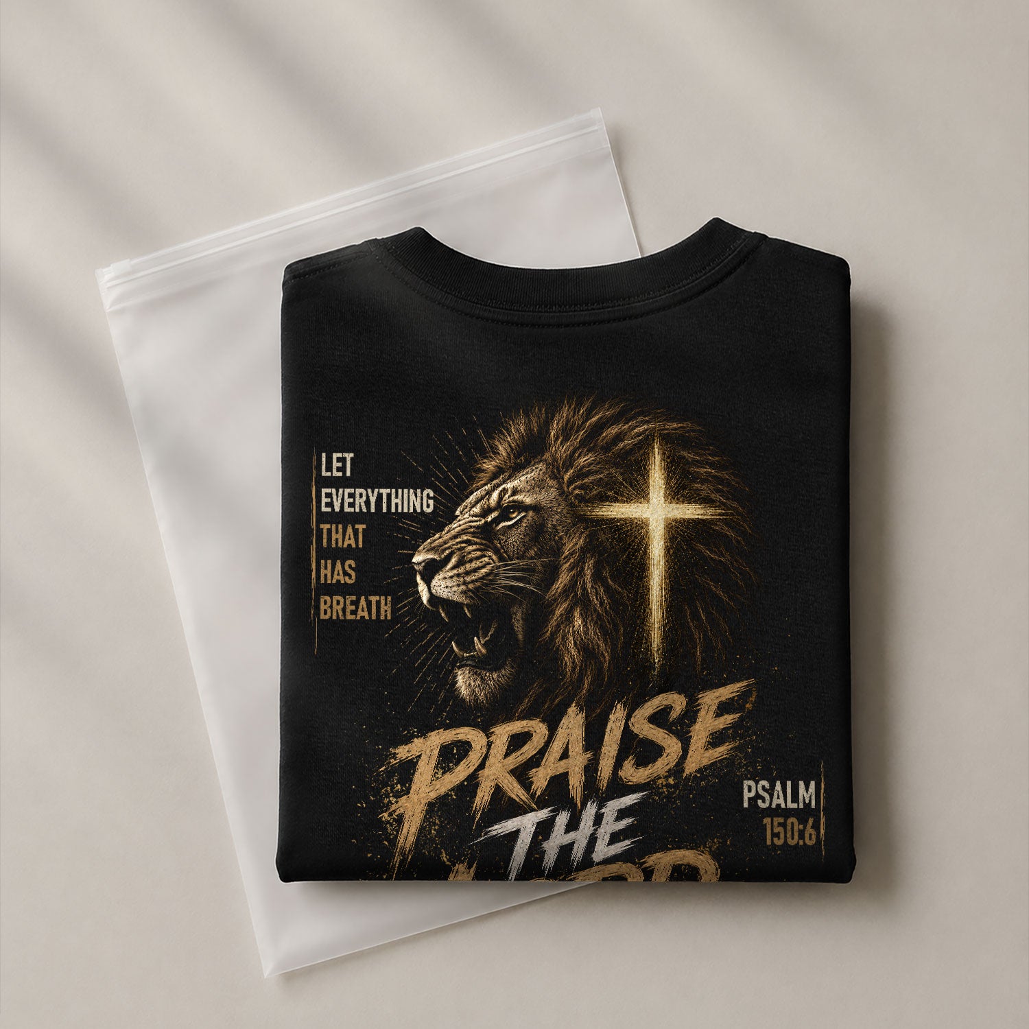 Praise The Lord Lion Cross Psalm Scripture Christian Graphic Casual Crewneck Tee Shirt Men - Rust Field Wear