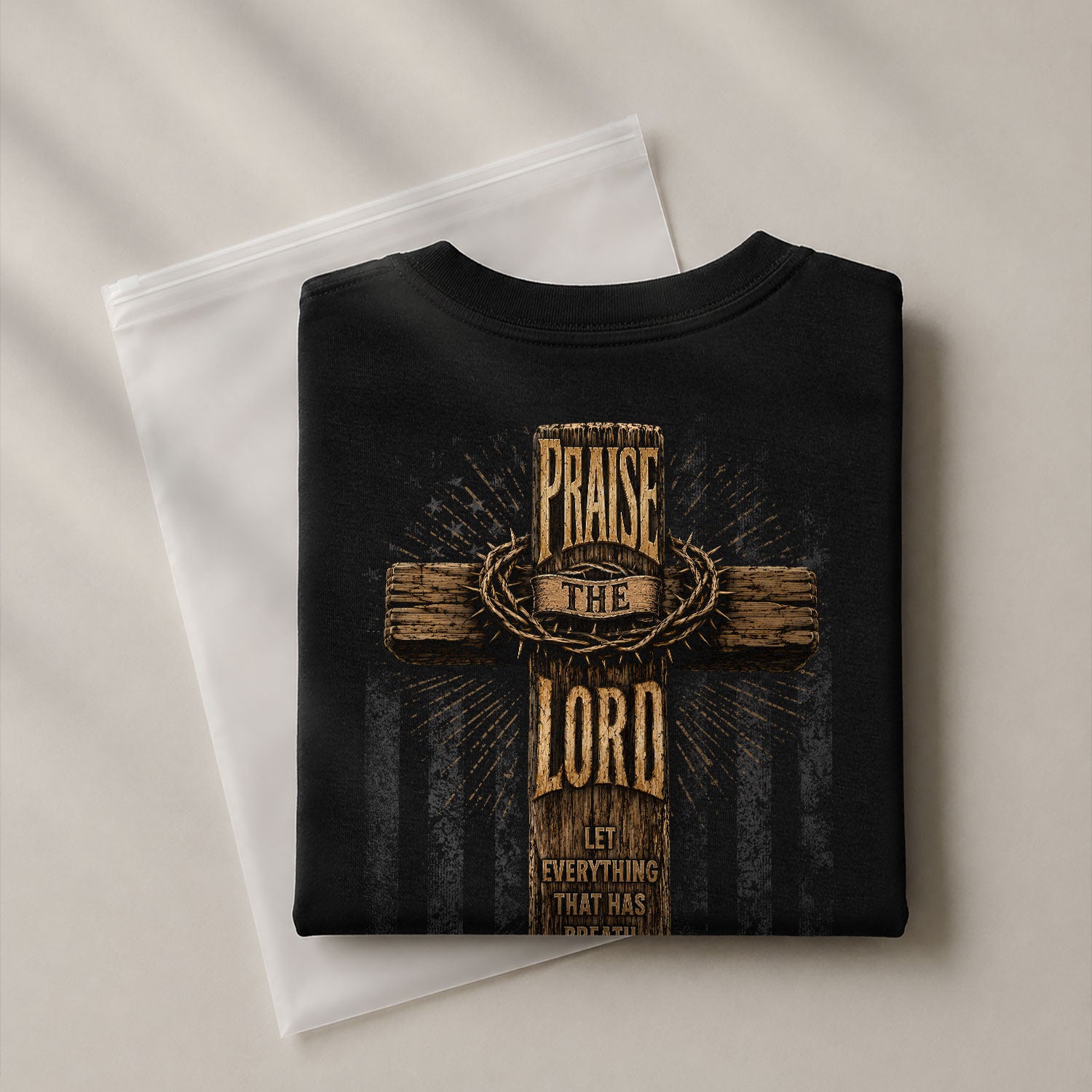 Praise The Lord Wooden Cross Scripture Christian Graphic Casual Crewneck Tee Shirt Men - Rust Field Wear