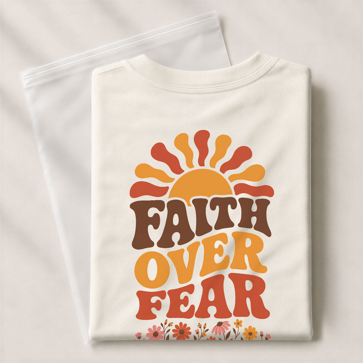 Faith Over Fear Retro Sun Floral Christian Graphic Casual Crewneck Tee Shirt Women - Rust Field Wear
