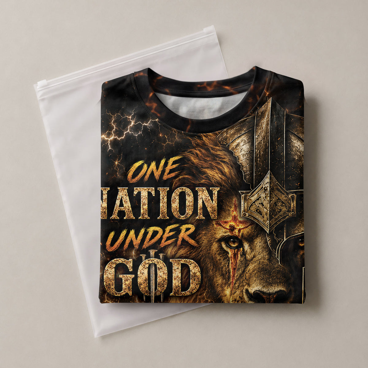 One Nation Under God Christian Lion Helmet Armor Cross Patriotic - Christian Shirts for Men, Christian Tee Shirts - Rust Field Wear