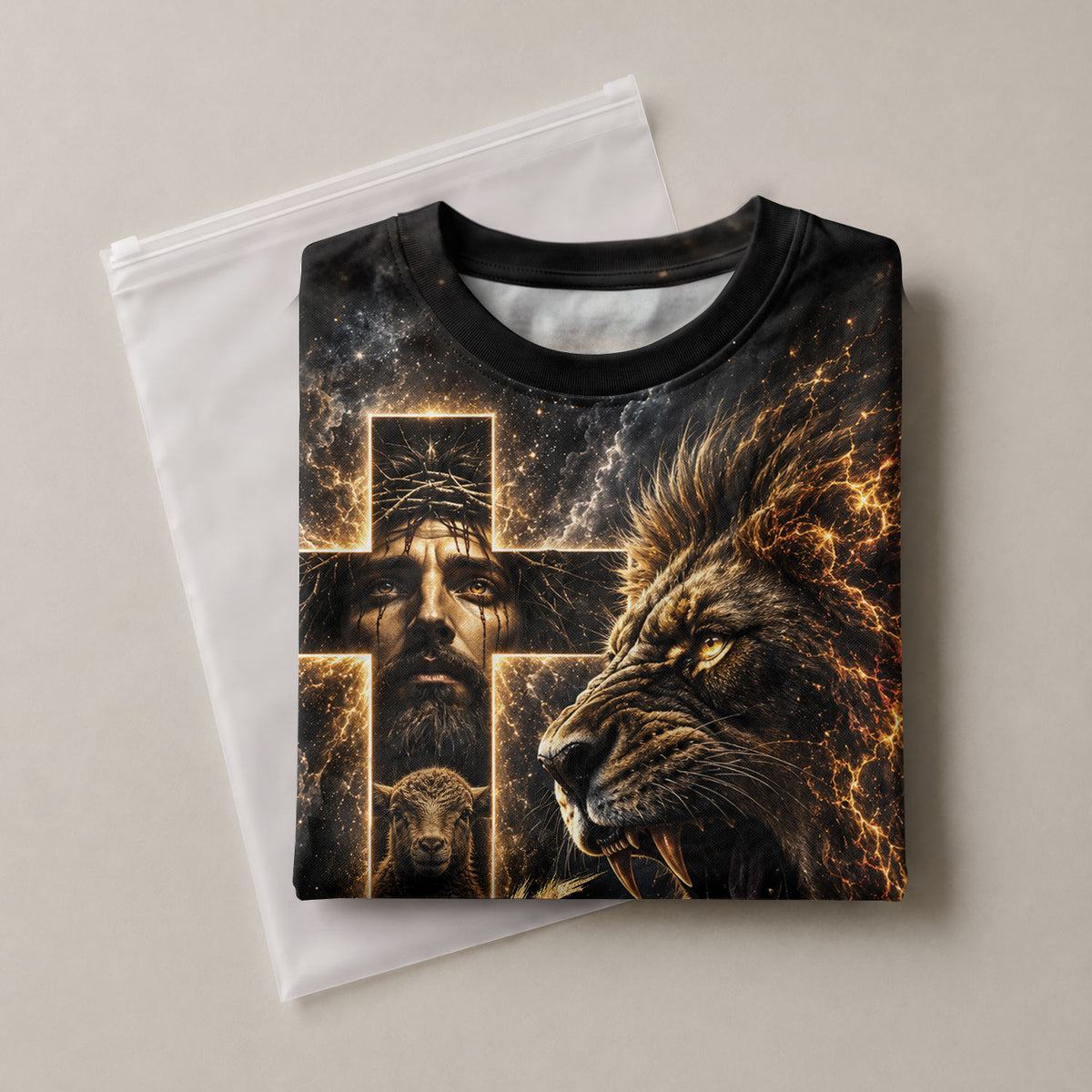 Christian Tee Shirts, Christian Shirts for Men - One Nation Under God Christian Jesus Lion Lamb Cross Graphic Tee - Rust Field Wear