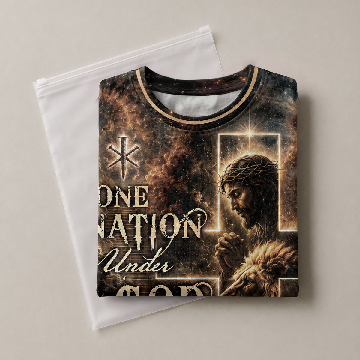 One Nation Under God Christian Praying Jesus Lion Lamb Cross Graphic Tee Faith Graphic, Christian Tee Shirts - Christian Shirts for Men - Rust Field Wear