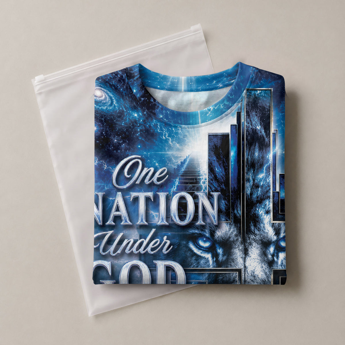 Christian Shirts for Men, One Nation Under God Christian Blue Lion Cross Graphic Lightning Tee - Christian Tee Shirts - Rust Field Wear