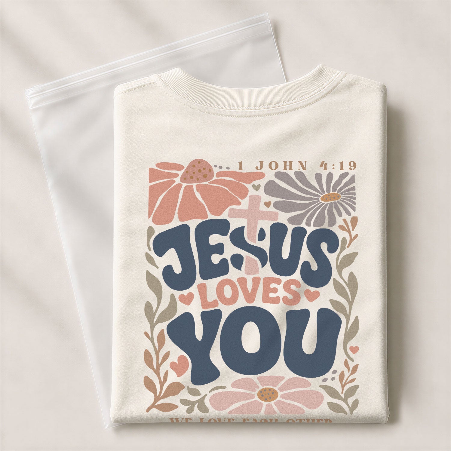 Jesus Loves You Retro Floral Cross Christian Graphic Casual Basic Tee Shirt Women - Rust Field Wear