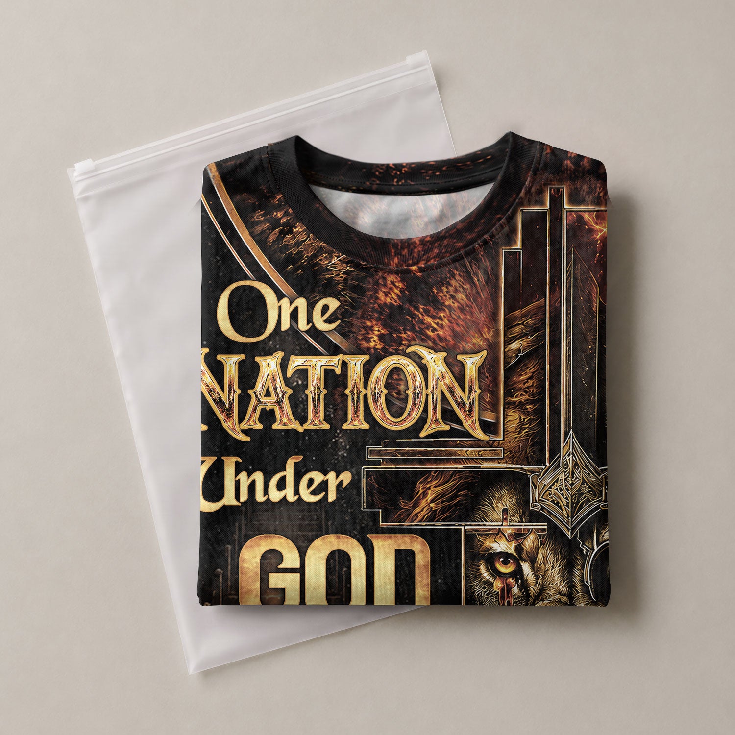 Christian Shirts for Men, One Nation Under God Lion Cross Christian Jesus Golden Graphic - Christian Tee Shirts - Rust Field Wear