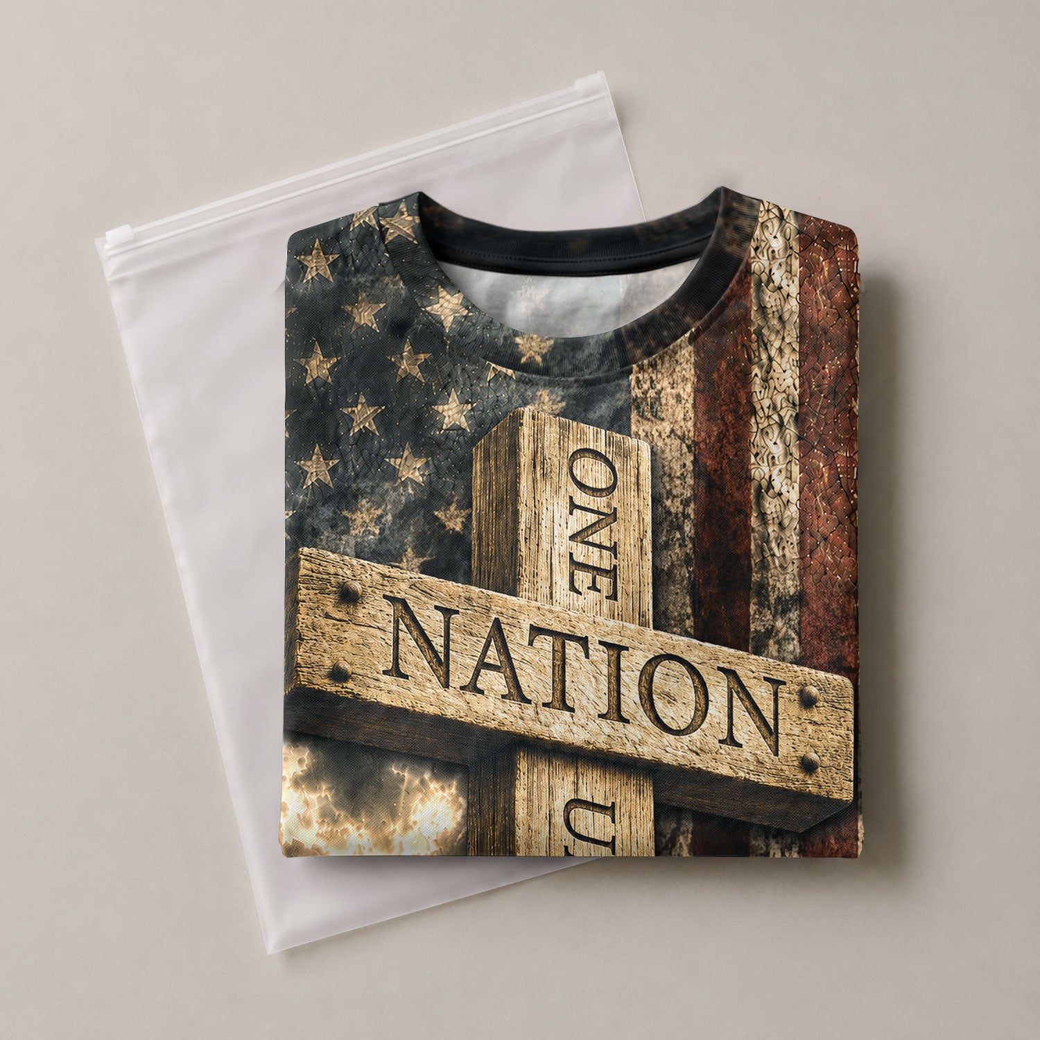 Christian Tee Shirts - One Nation Under God Cross Flag Lamb Christian Patriotic, Christian Shirts for Men - Rust Field Wear